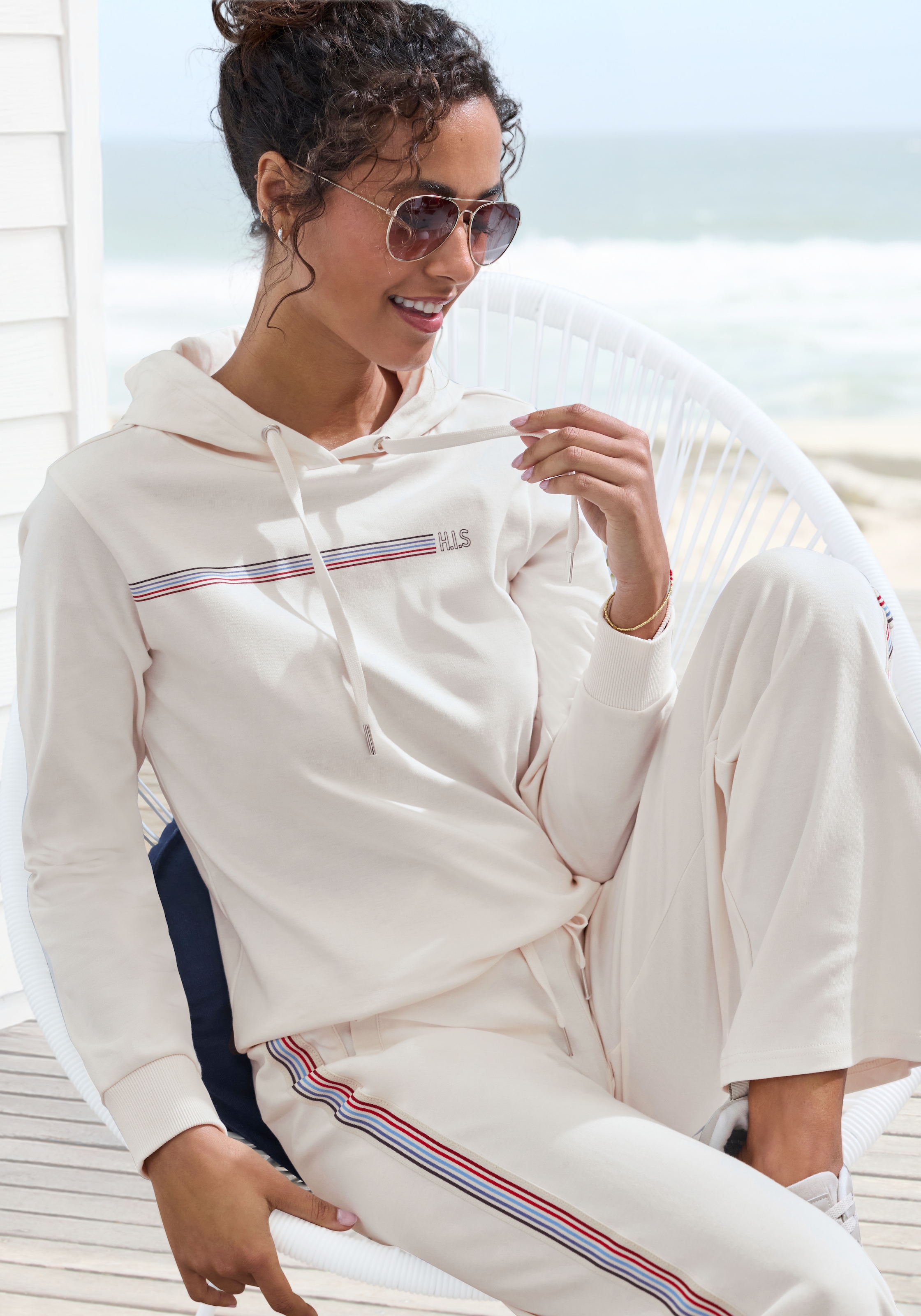 H.I.S Damen Hoodie, Gr. 44, beige, Interlock, Obermaterial: 60% Baumwolle, 40% Polyester, bedruckt, unifarben, Basic, Sweatshirts, mit Streifenprint,