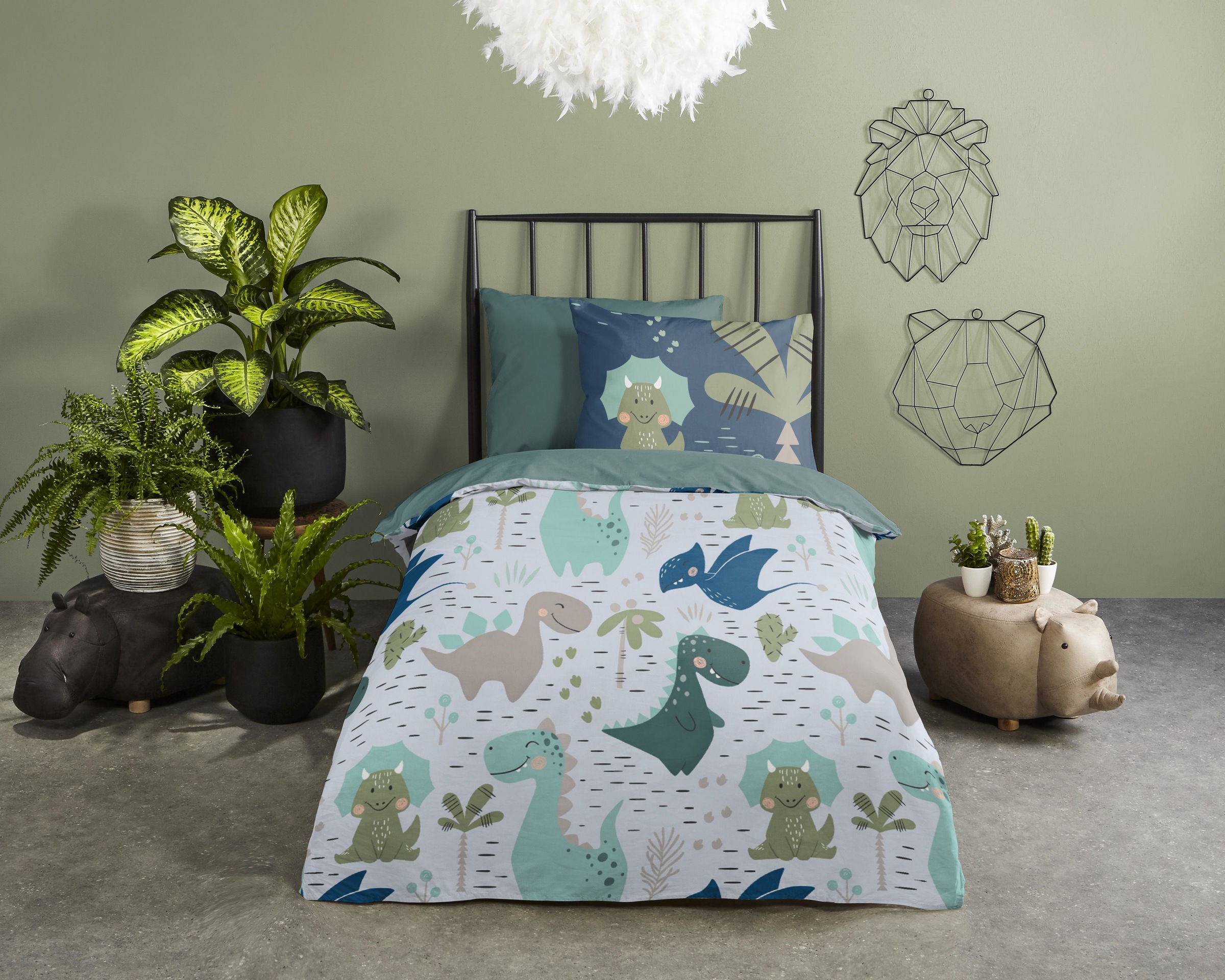 PURE luxury collection Microfaserbettdecke + Kopfkissen »Mees« 2-in-1 Bettdecke, waschbar, 135x200, 2 Teilig, Wende, Junge, Dino,grün