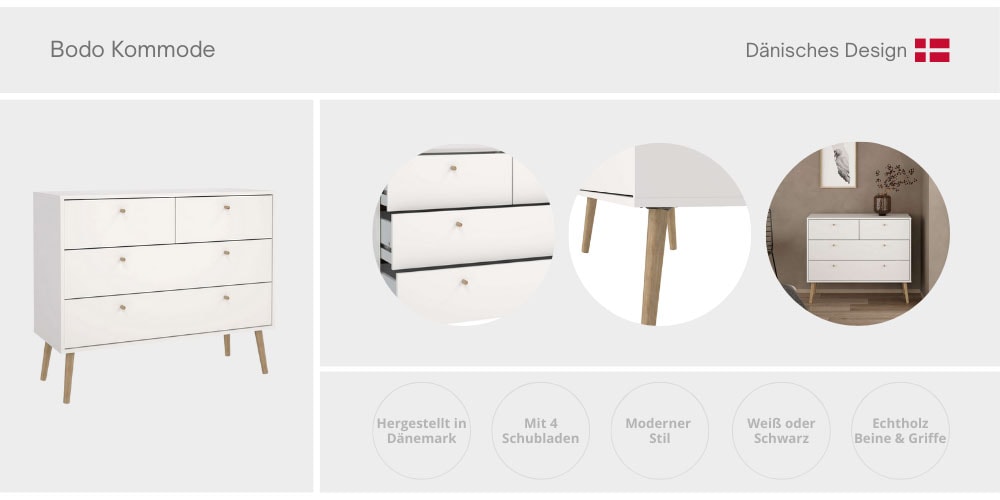 andas Kommode »Bodo, Aufbewahrung, Schubladenschrank, Stauraum, modern, Breite 99 cm«, 4 Schubladen, Weiß oder Schwarz, Beine und Griffe aus Echtholz