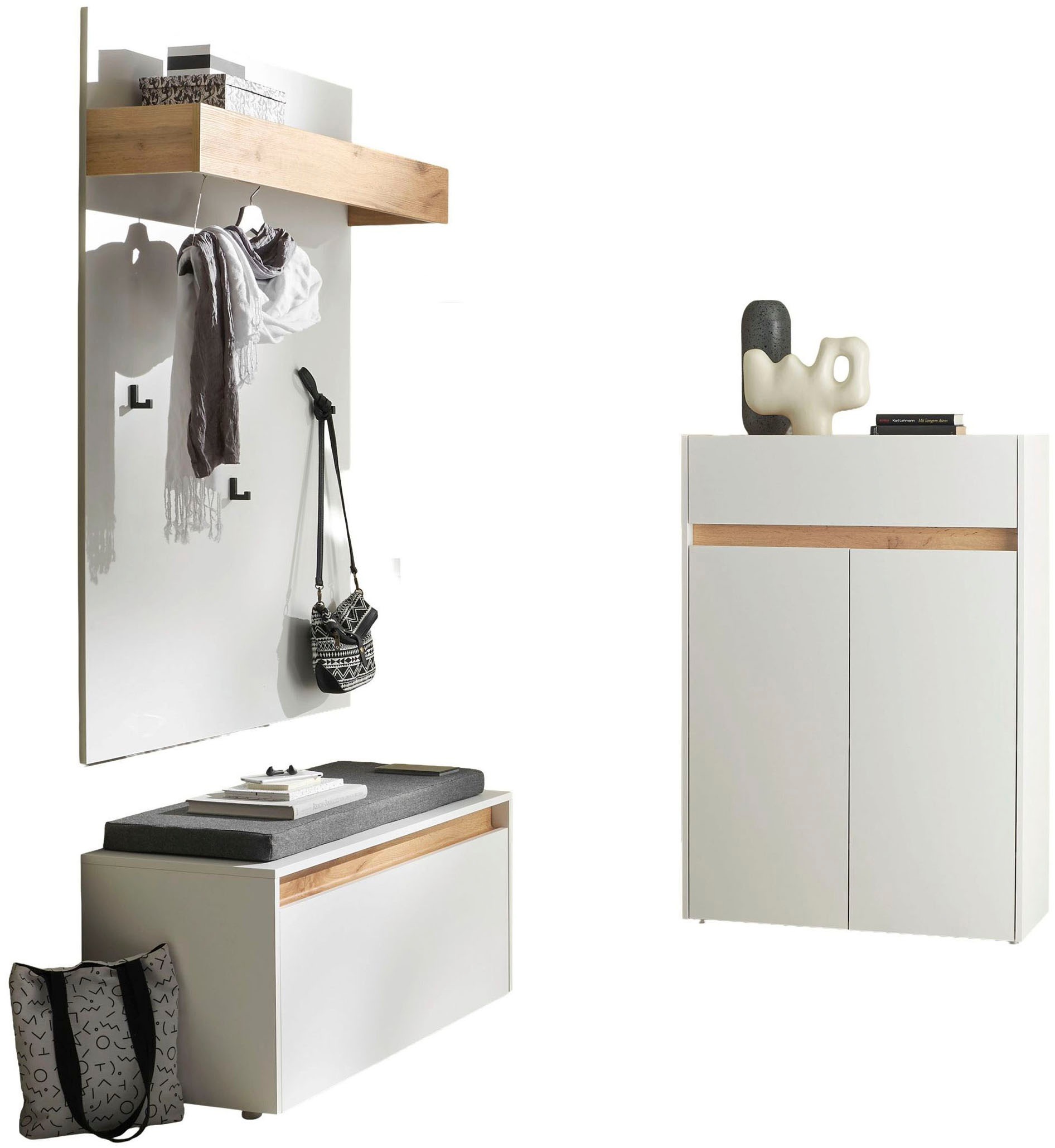 INOSIGN Garderoben-Set »City/Giron, moderne Garderobe, viel Stauraum, ca. 24 Schuhe«, (Set, 3 St.), enthält Schuhschrank, Garderobenpaneel & Garderobenbank mit Sitzkissen