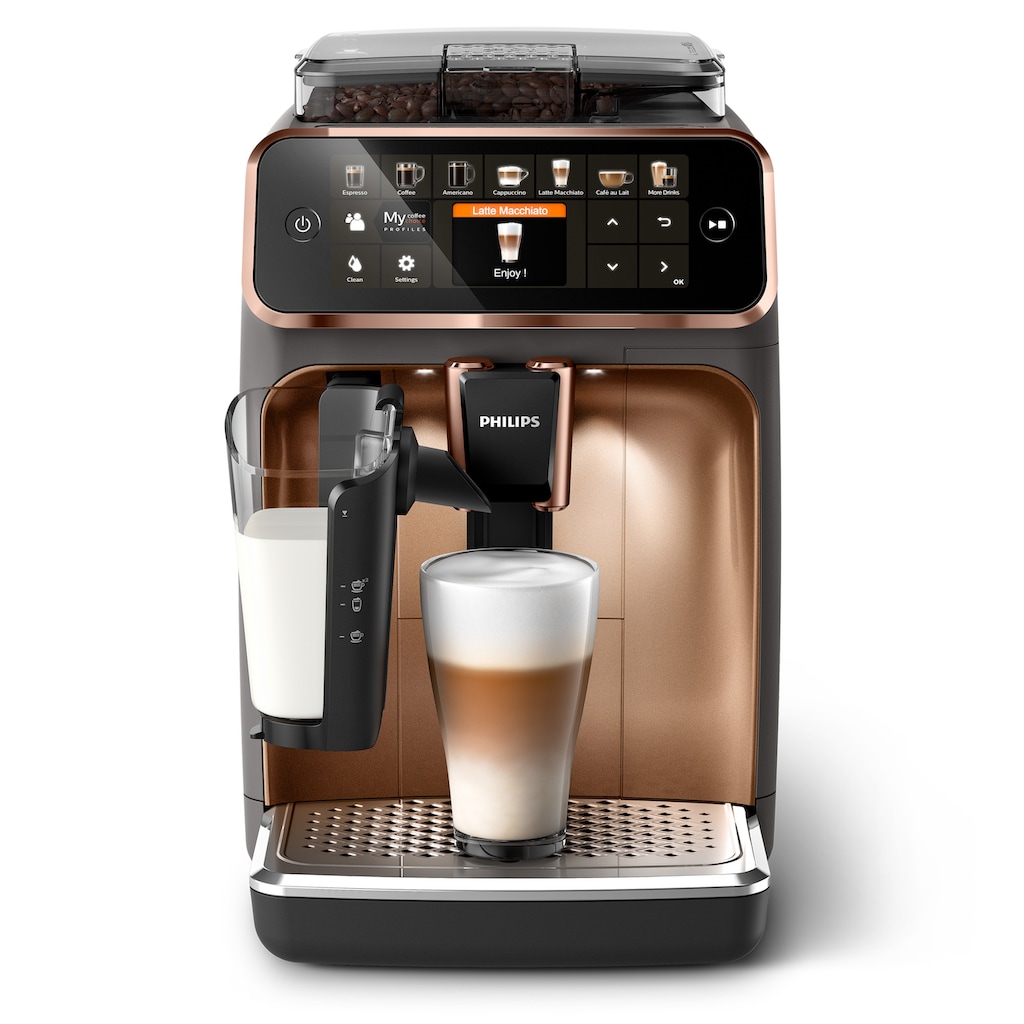 Philips Kaffeevollautomat »EP5144/70 5400 Series, 12 Kaffeespezialitäten«, mit LatteGo-Milchsystem und TFT-Display; Grau / Kupfer verchromt