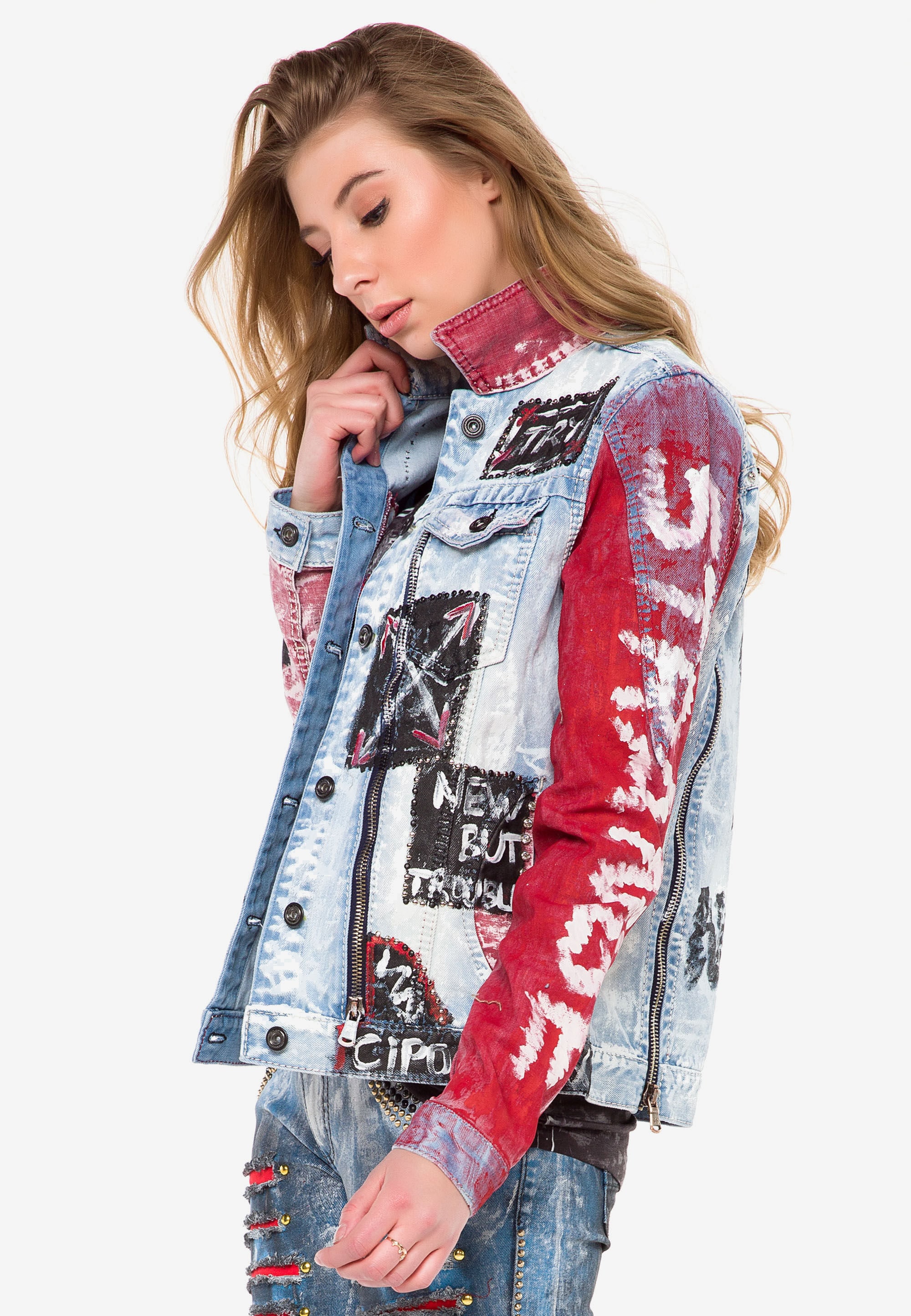 Cipo & Baxx Jeansjacke »WJ162« ohne Kapuze mit buntem Muster