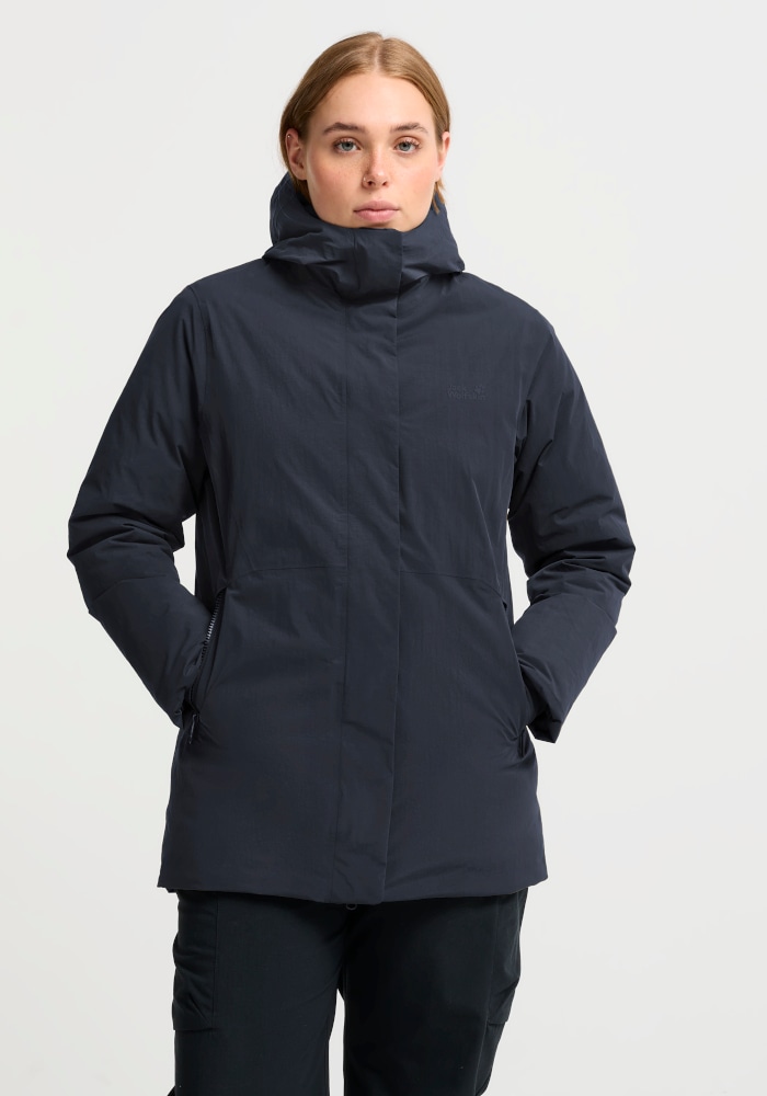 Jack Wolfskin Daunenjacke "FIORA BAY LONG JKT W" mit Kapuze Winterparka, wasserdicht, warm