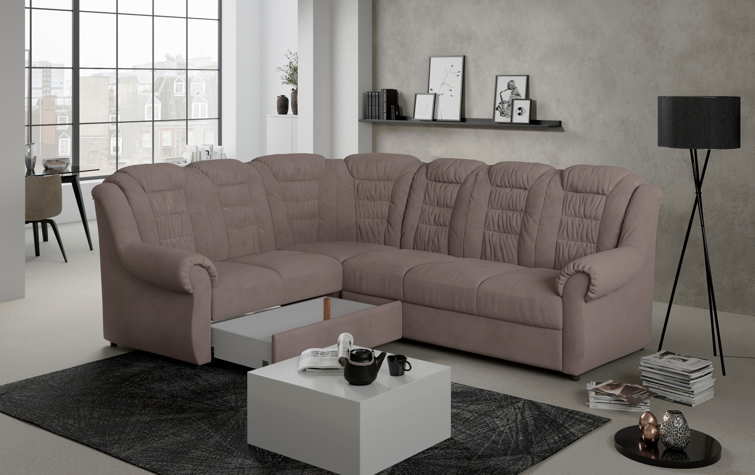 Home affaire Ecksofa »Boston L-Form«, mit hoher Rückenlehne, wahlweise mit Bettfunktion & Stauraum