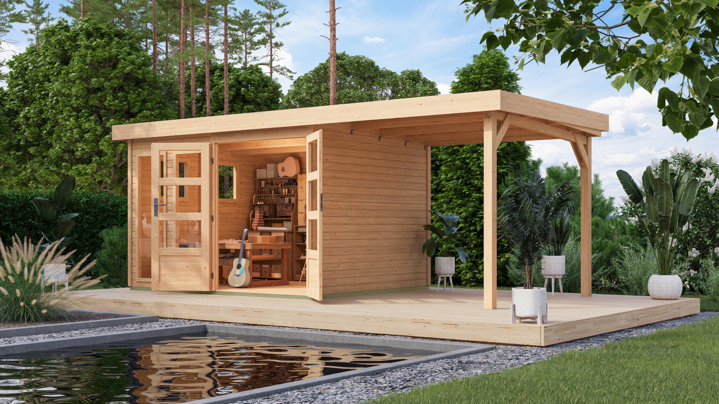 Karibu Gartenhaus "Langesee 5 mit Anbaudach", aus hochwertiger nordischer F günstig online kaufen