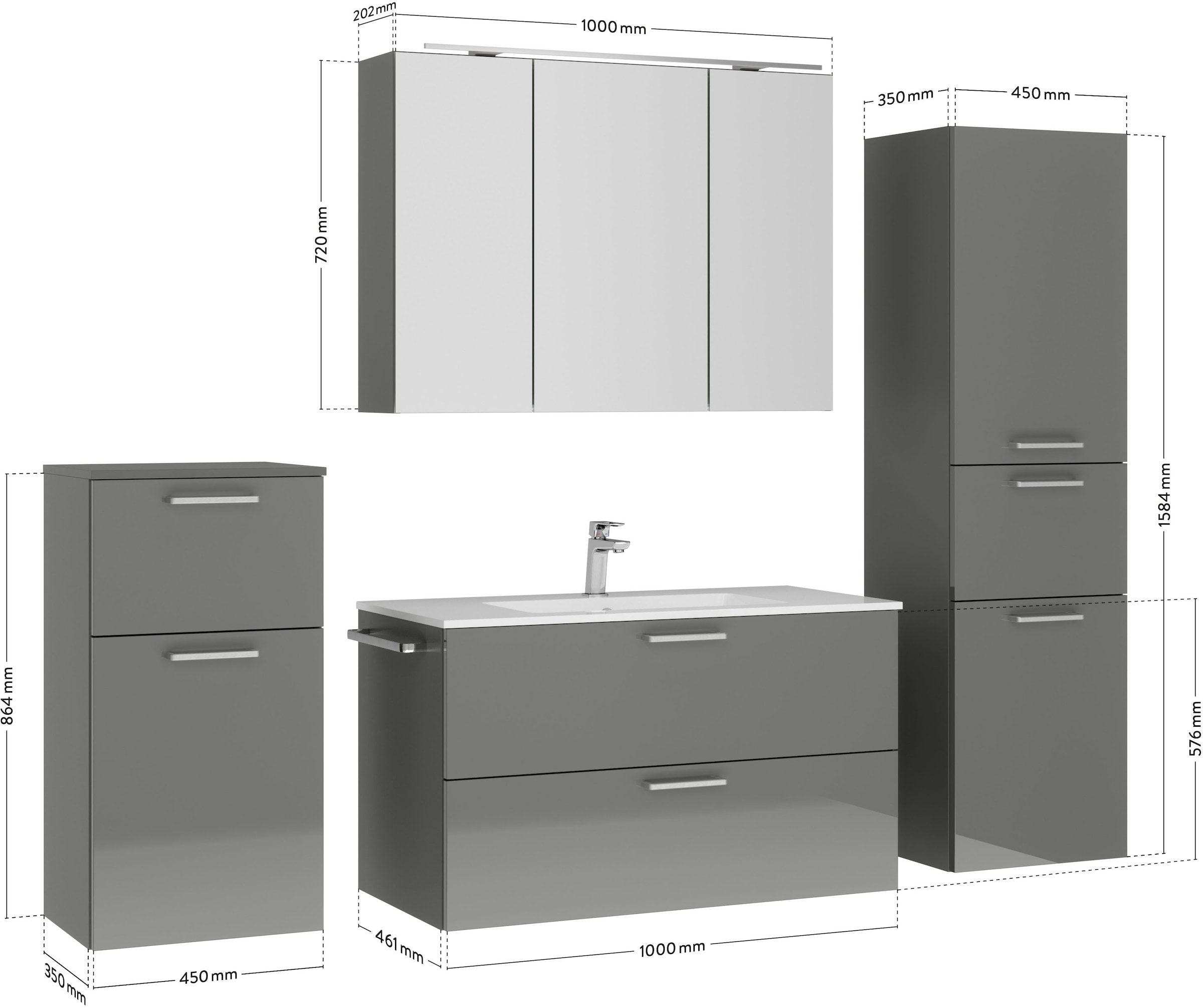 nobilia® Badmöbel-Set »Tolvina«, (4 St., vormontiert, mit Soft-Close), inkl. Spiegelschrank mit Beleuchtung und Dimmerfunktion, in 4 Breiten