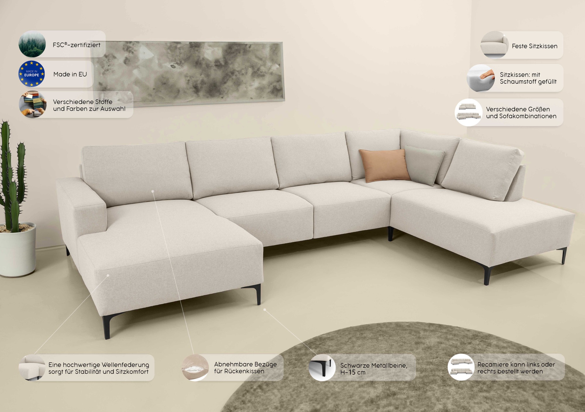 Thumbnail - Home affaire Wohnlandschaft "Tournon U-Form, XXL Sofa, Breite 333 cm, Webstoff, Chenille", Designsofa im nordischen Stil...