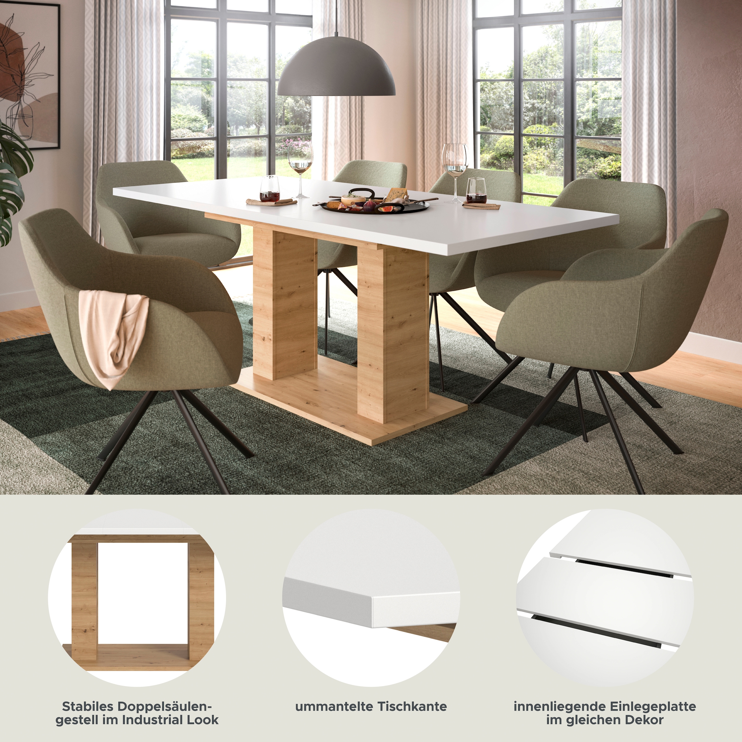 INOSIGN Esstisch »Motus, ausziehbar 150 -190 cm, inklusive 40 cm Einlegeplatte«, (Set, 1 St.), Doppelsäulengestell mit Bodenplatte, Tisch, Esstisch, Küche