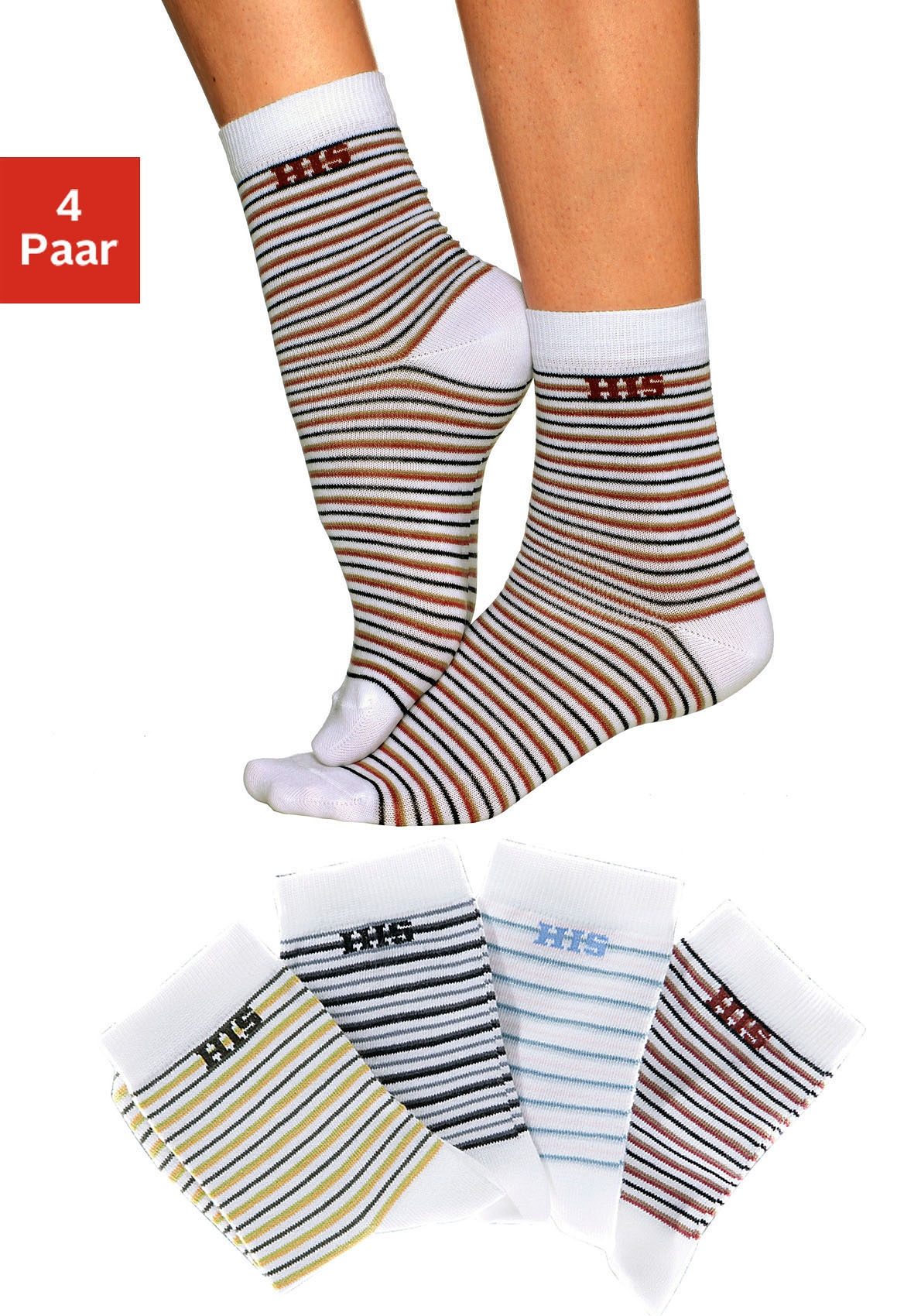 H.I.S Basicsocken "Damen Herren Ringel und uni Socken" Packung, 4 Stk. tlg. mit eingestricktem Markenlogo