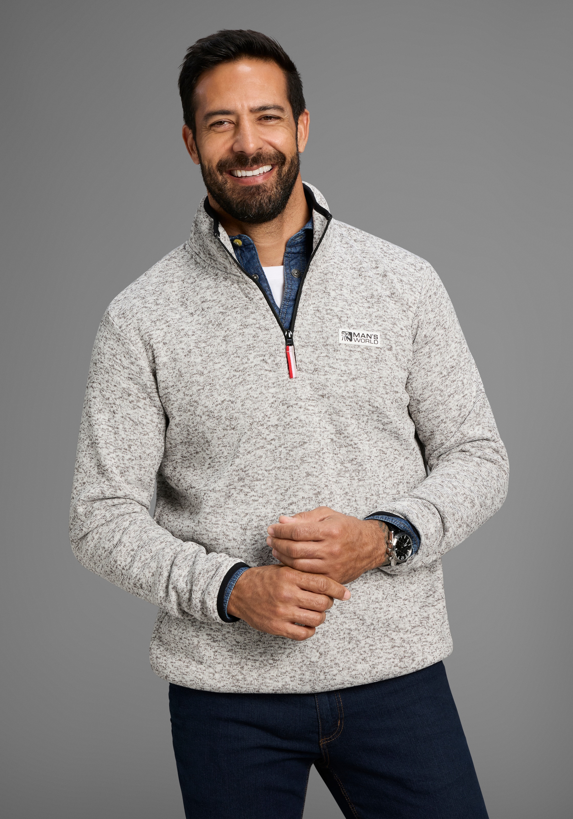 Mans World Fleecepullover, mit hoch geschlossenem Ausschnitt, melierte Optik, sportlicher Stil