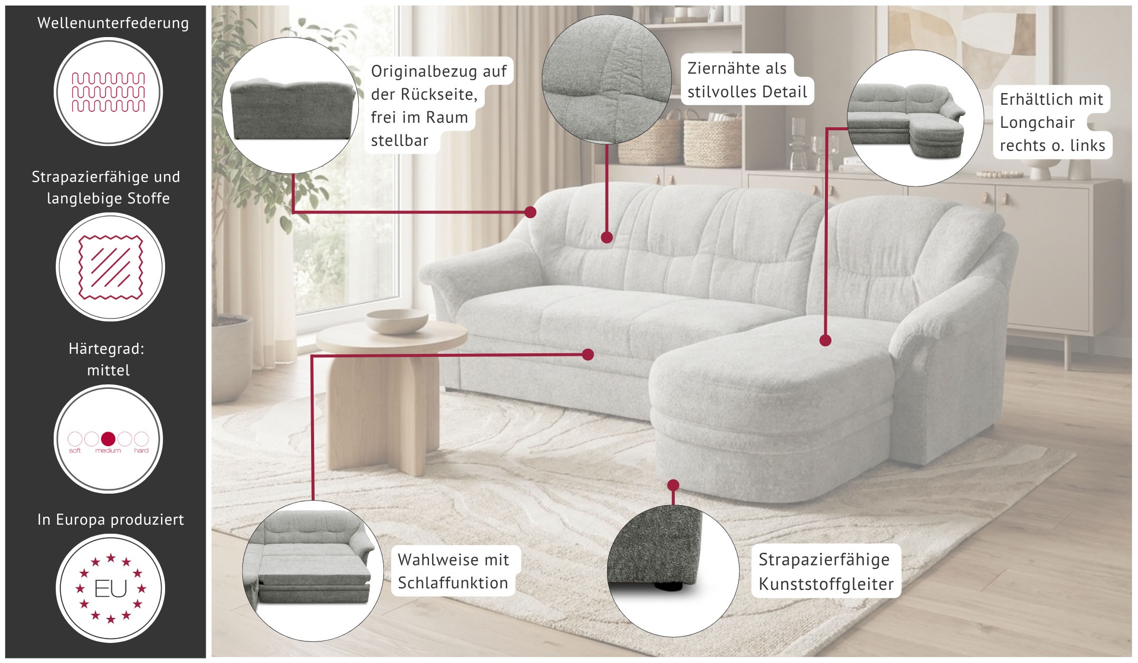 OTTO home Ecksofa »Nyborg 234 x 142 cm, stabil, komfortabel, formschön mit Steppungen« L-Form, aus pflegeleichtem, weichen Microfaser Bezug