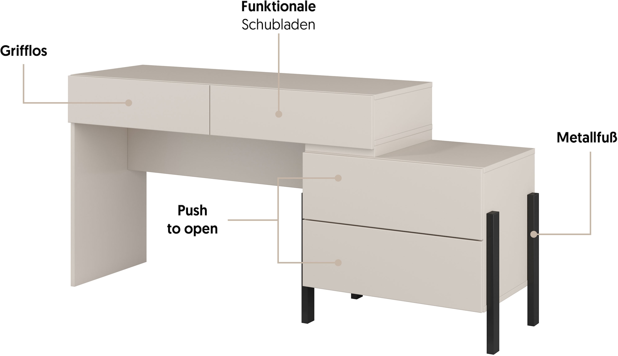 Home affaire Schminktisch »Jukon, Breite 143 cm, moderner Schminktisch«, Schminktisch, grifflos mit 4 SK