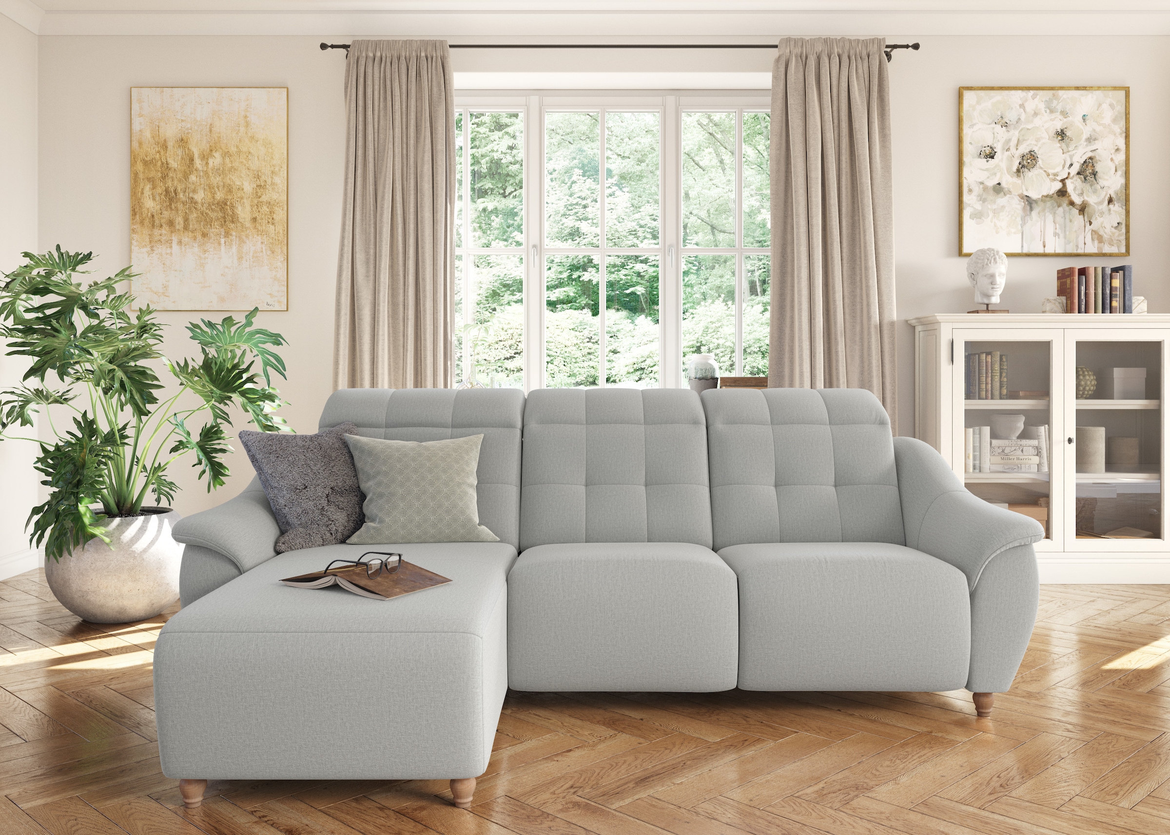 Ecksofa HOME AFFAIRE "Boston L-Form", grau (hellgrau), B:254cm T:170cm, Struktur (100% Polyester);Luxus-Microfaser Florence (100% Polyester);Chenille (100% Polyester);NaturLEDER (reines Rindsleder), Sofas, Ecksofa, Kopfteilverstellung an jeder Sitzfläche, 4