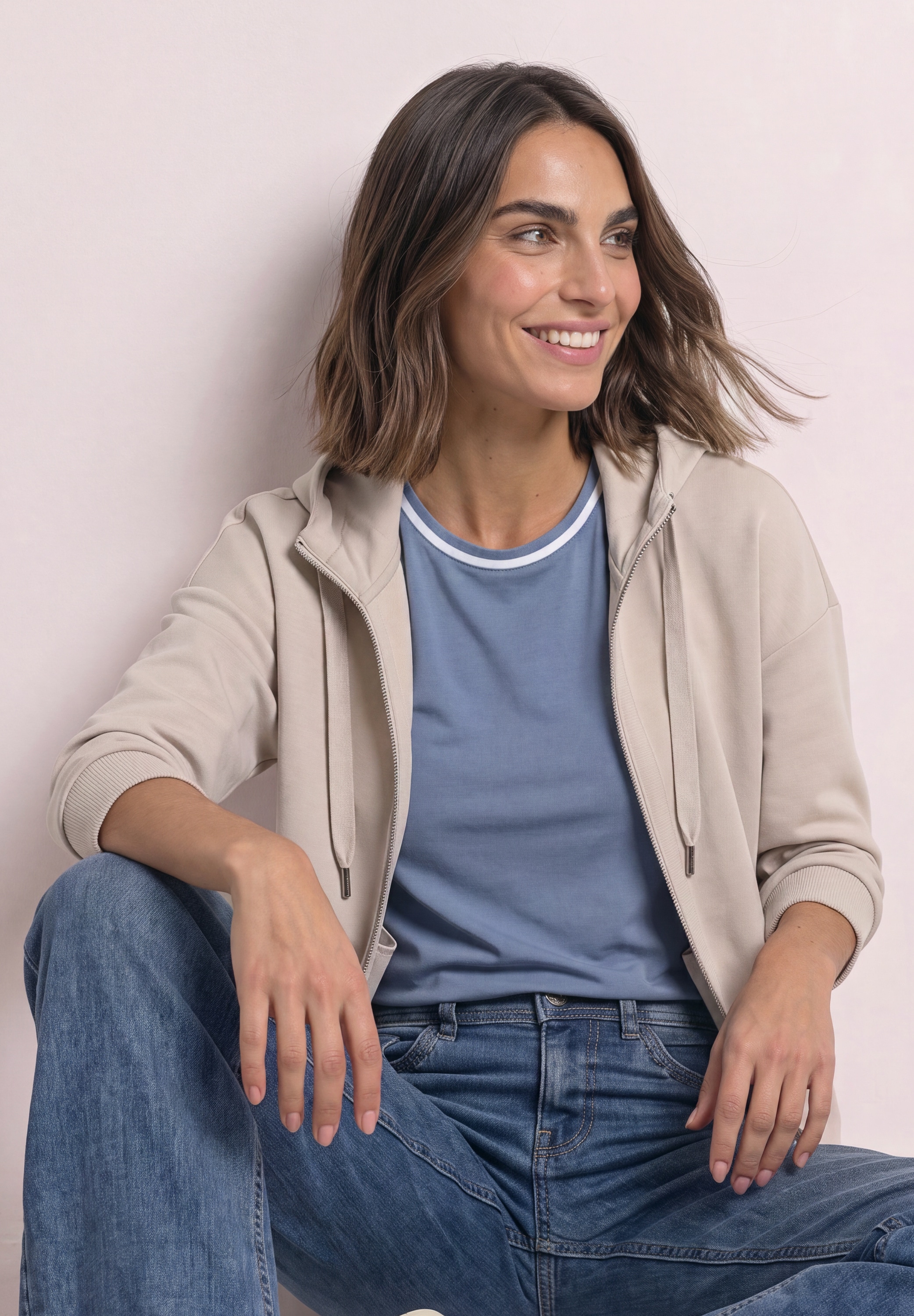 STREET ONE Sweatjacke 3/4-Arm Jacke im Silk-Look mit Rippdetails
