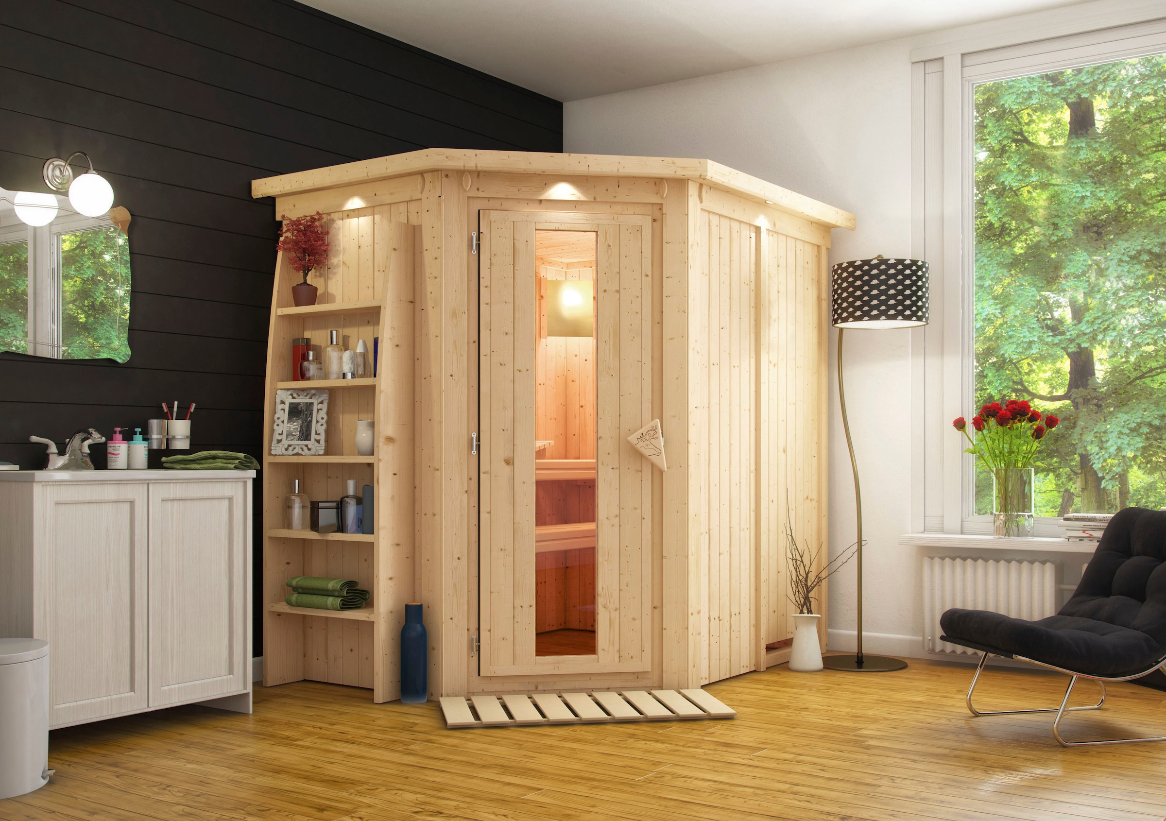 Karibu Sauna »Cellin«, 3,6-kW-Plug & Play Ofen mit int. Steuerung