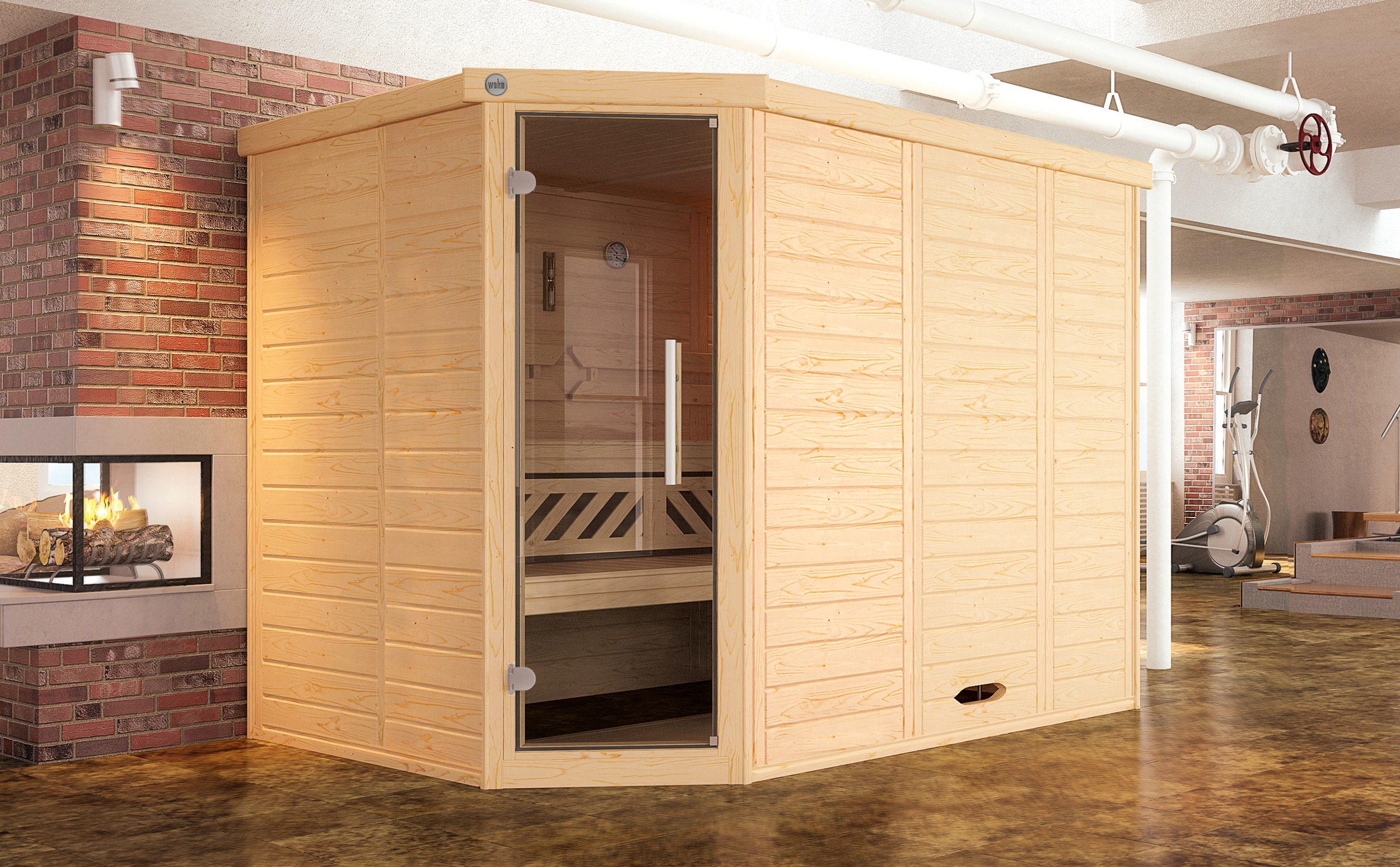 weka Sauna »Design-Sauna KEMI Eck 2«, Blockbohlen, vorgefertigte Elemente, moderne Ganzglastür
