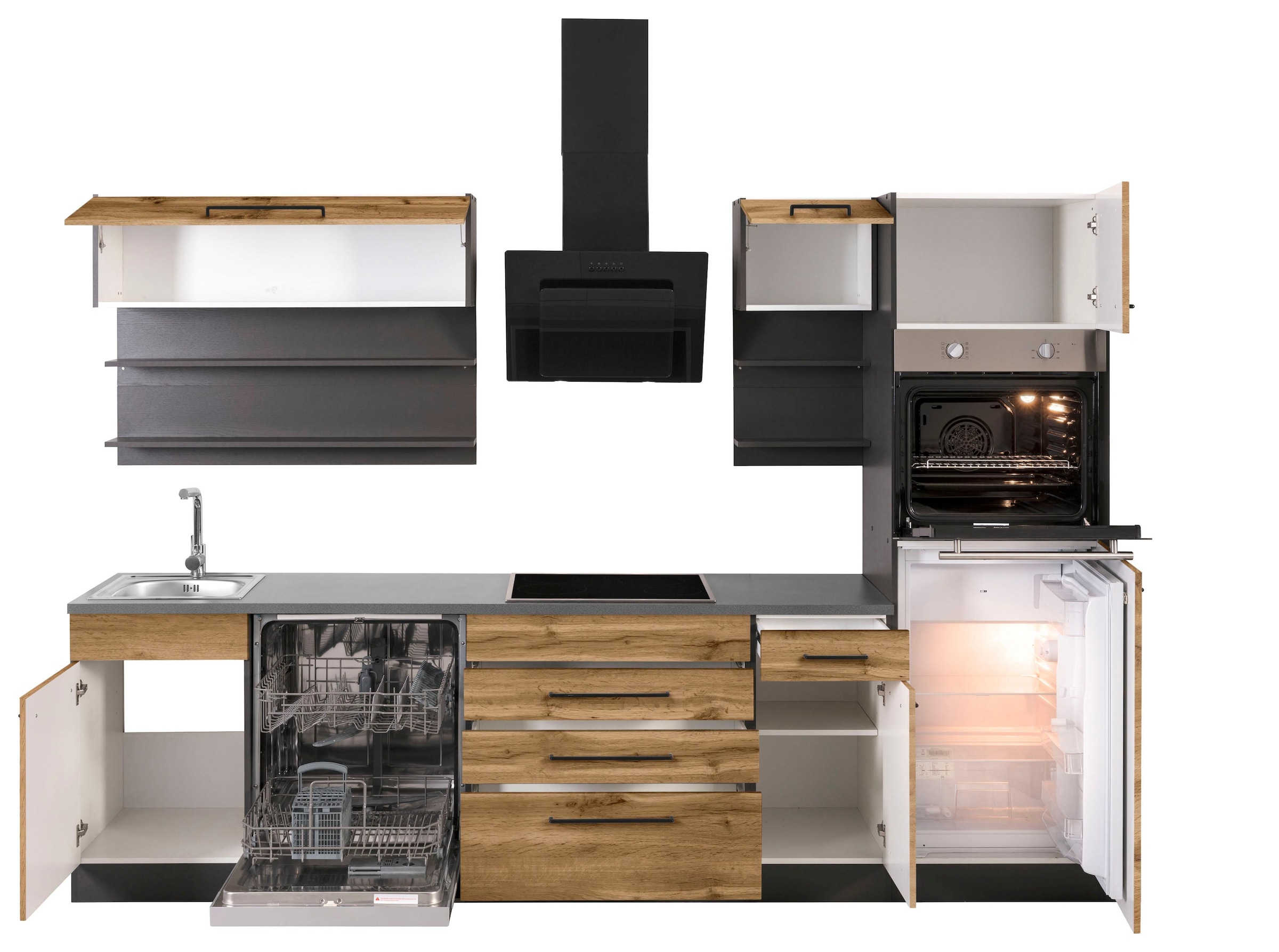 KOCHSTATION Küchenzeile »KS-Tulsa«, mit E-Geräten, Breite 290 cm, schwarze Metallgriffe, MDF Fronten