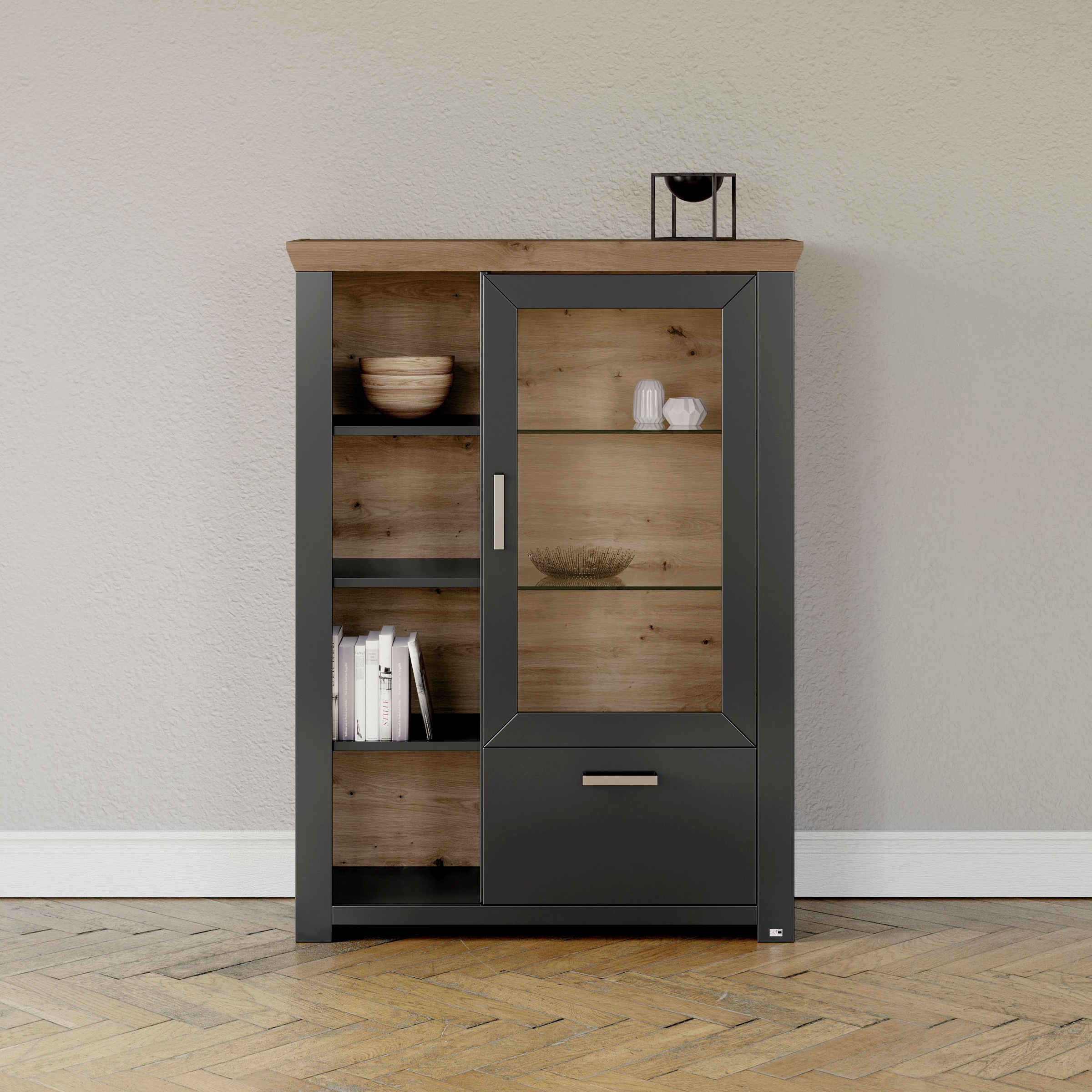 set one by Musterring Highboard »York«, Typ 13 und 14, mit Glastür und Schubkasten, 3 Farbvarianten, B 105 cm