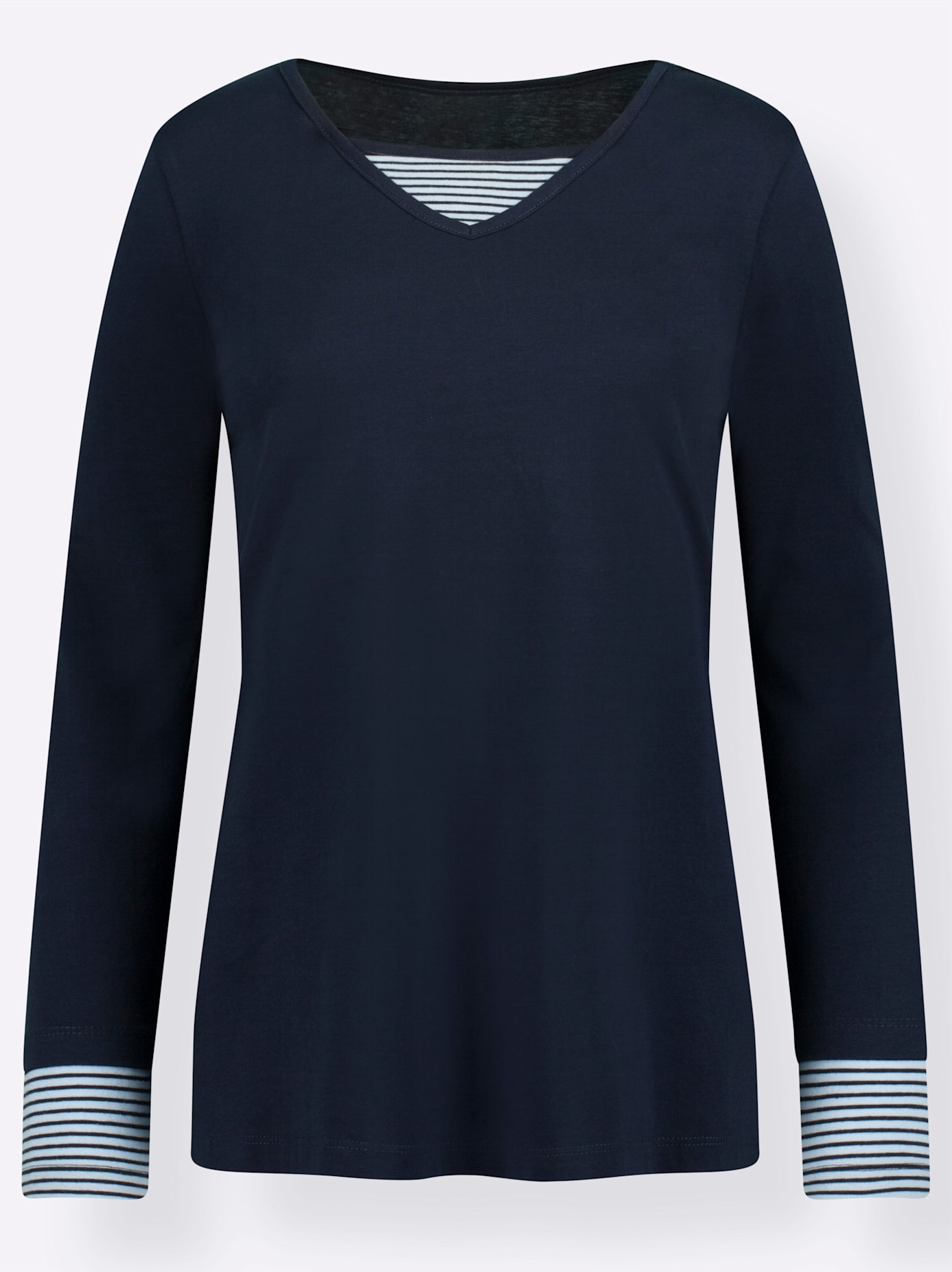 Langarmshirt CLASSIC BASICS "Shirt", Damen, Gr. 56, blau (marine), 100% Baumwolle, gemustert, mehrfarbig, V-Ausschnitt, Shirts Langarmshirt, Topseller 3