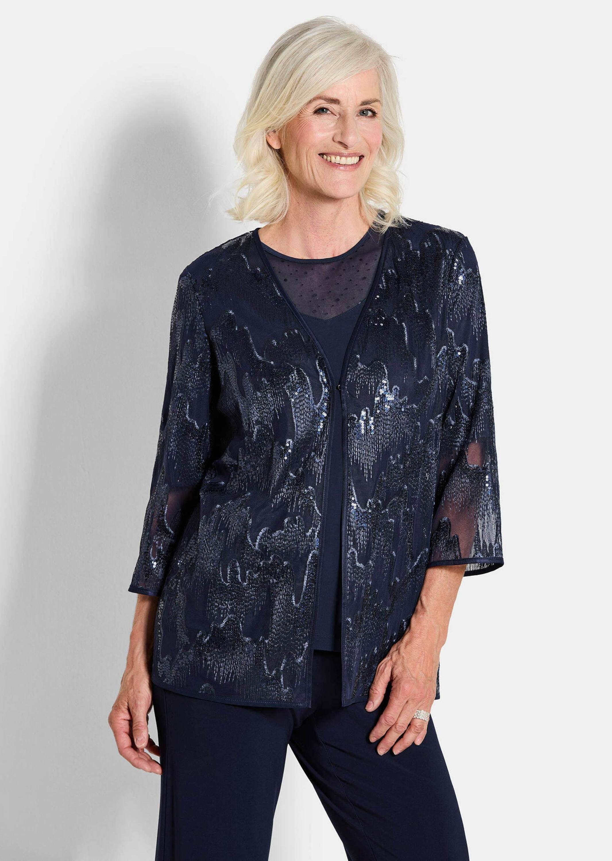 GOLDNER Satinbluse »Kurzgröße Blusenjacke mit Stickerei und Pailletten«