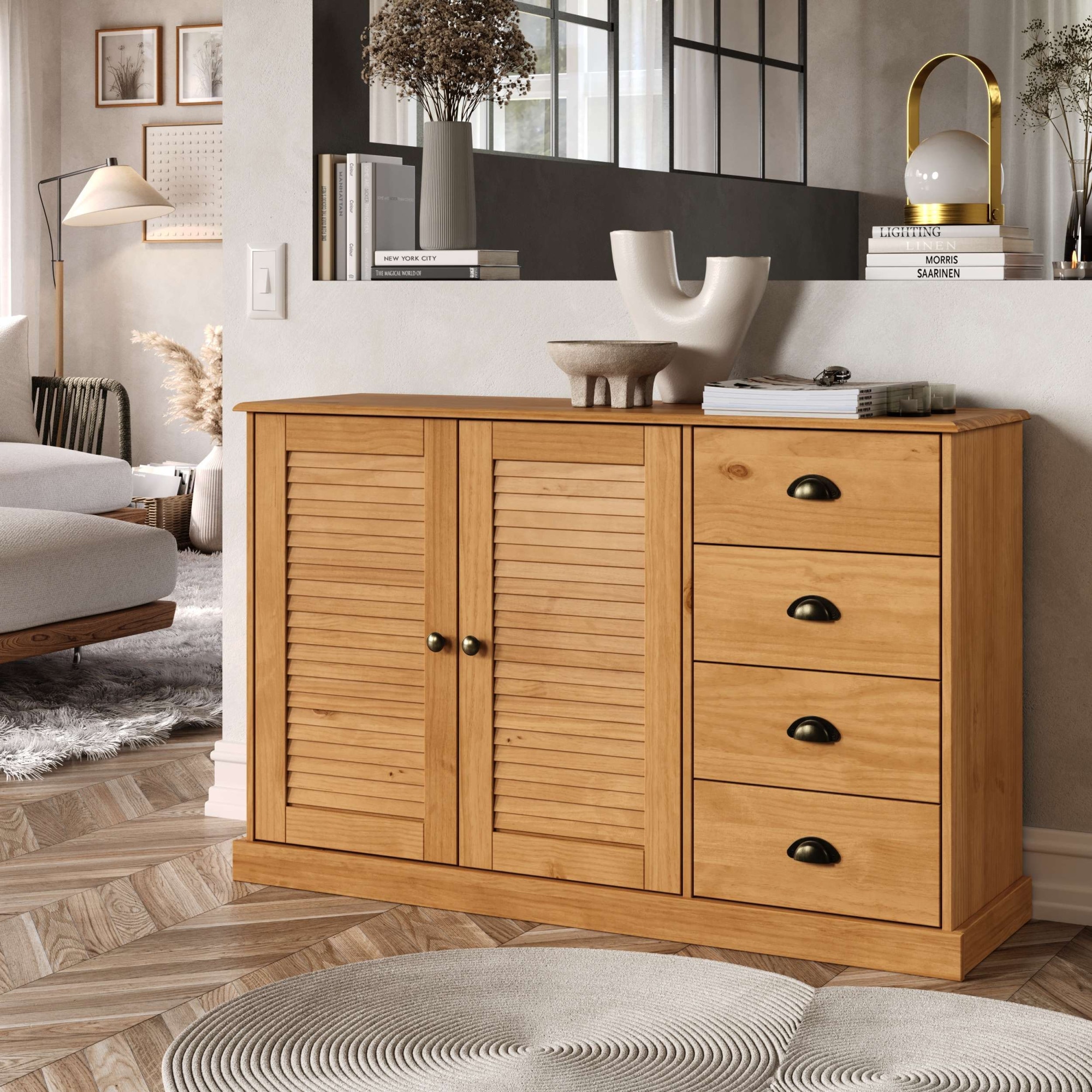 OTTO home Sideboard »Turia, mit Lamellentüren« Kommode aus massivem Kiefernholz, FSC®, 4 Schubkasten, Breite 125 cm