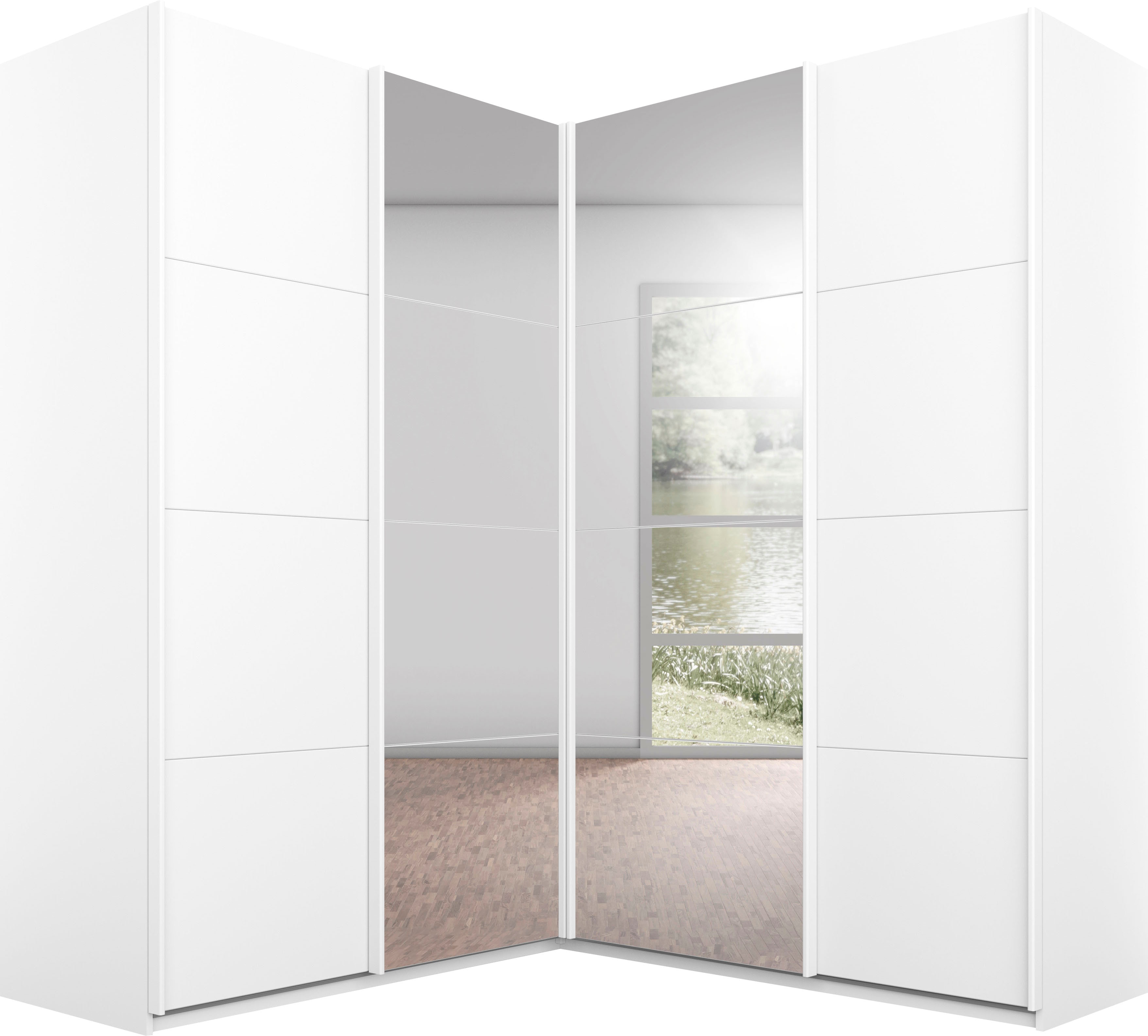 rauch Schwebetürenschrank "Schrank Garderobe Eckkleiderschrank QUADRA Front in Dekor/Hochglanz" Maß 181x187 cm, Höhen 210/229 cm, inkl. Soft-Close-Funktion, extra großer Eckschrank inkl. Schubladeneinsatz MADE IN GERMANY