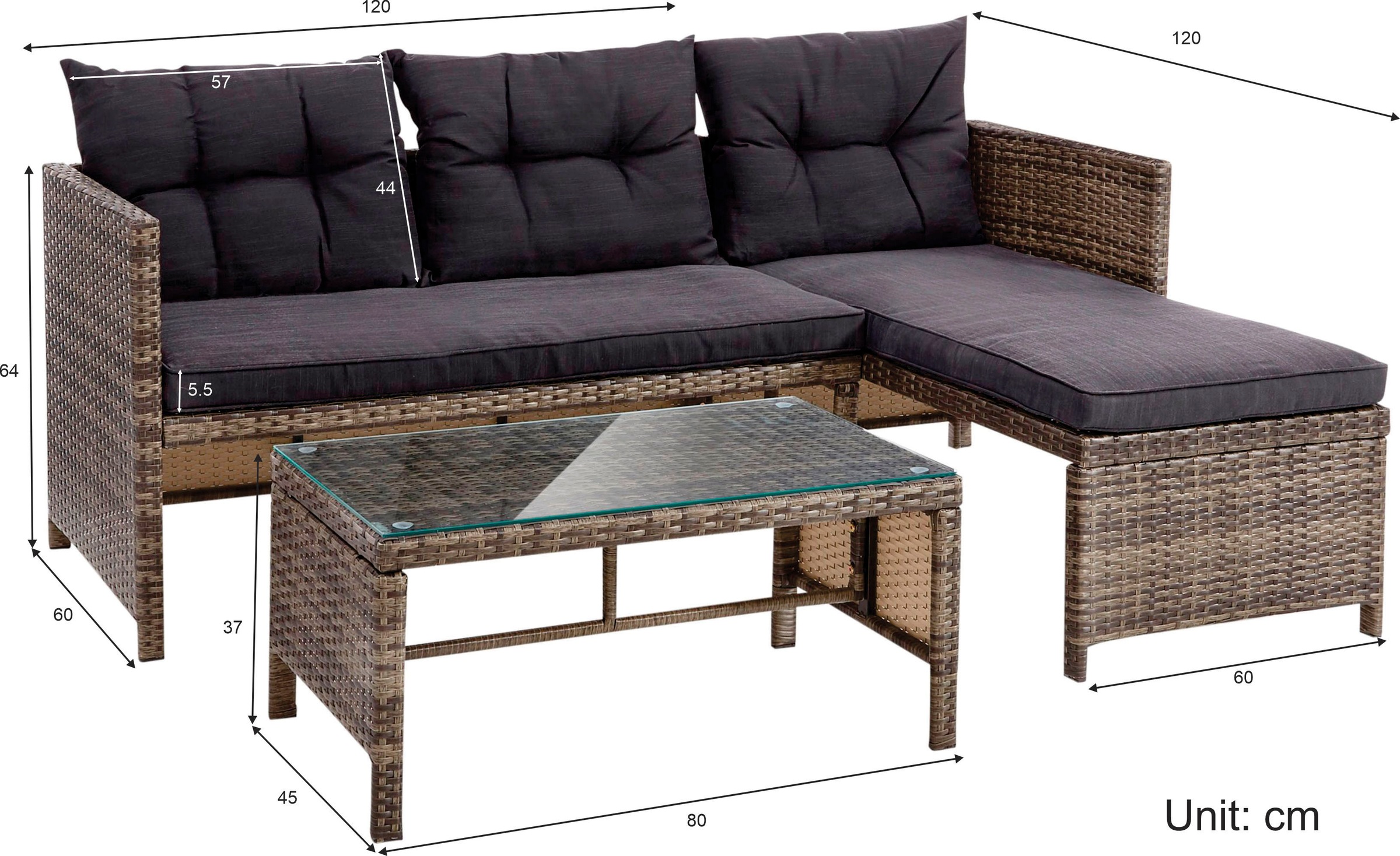 KONIFERA Gartenlounge-Set »Cádiz«, (Set, 7 tlg., 1x Eckbank, 1x Tisch 80x45x37cm, inkl. Auflagen, Stahl, Polyrattan), Tischplatte aus Sicherheitsglas, Balkonset, 3 Personen