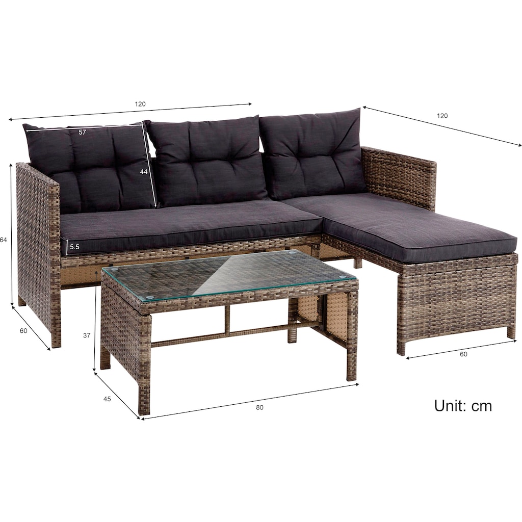 KONIFERA Gartenlounge-Set »Cádiz«, (Set, 7 tlg., 1x Eckbank, 1x Tisch 80x45x37cm, inkl. Auflagen, Stahl, Polyrattan)