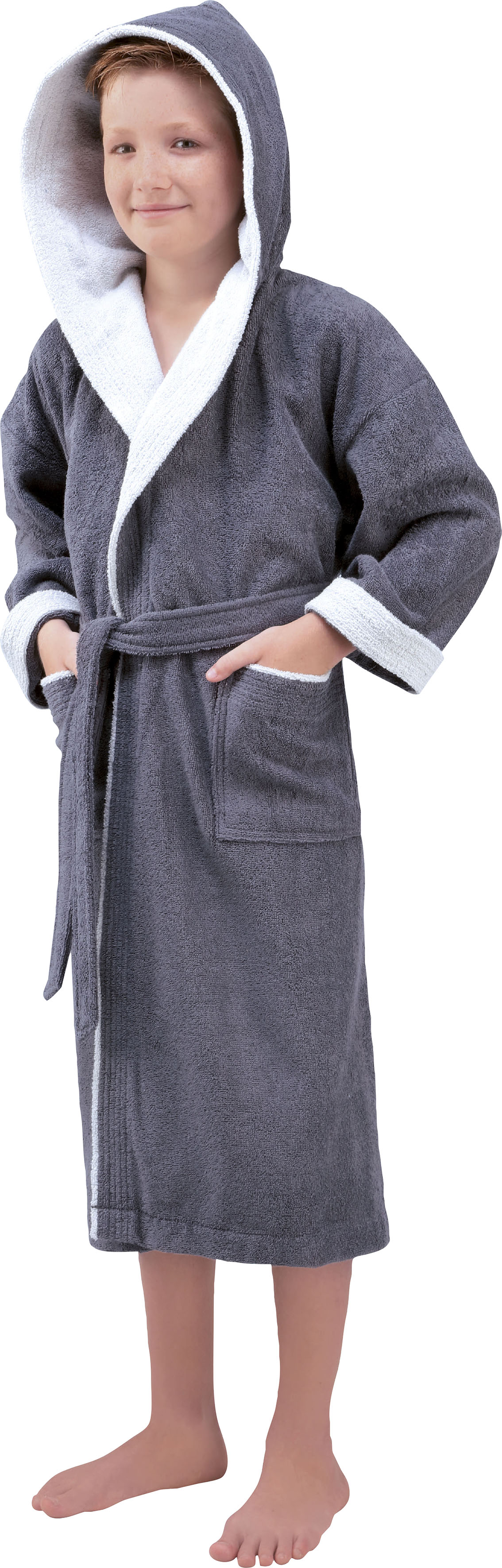 Kinderbademantel EGERIA, L:120cm, grau, Walkfrottee, Hausmäntel, "Calypso", mit Kapuze, Doubleface Optik, 100 % Baumwolle