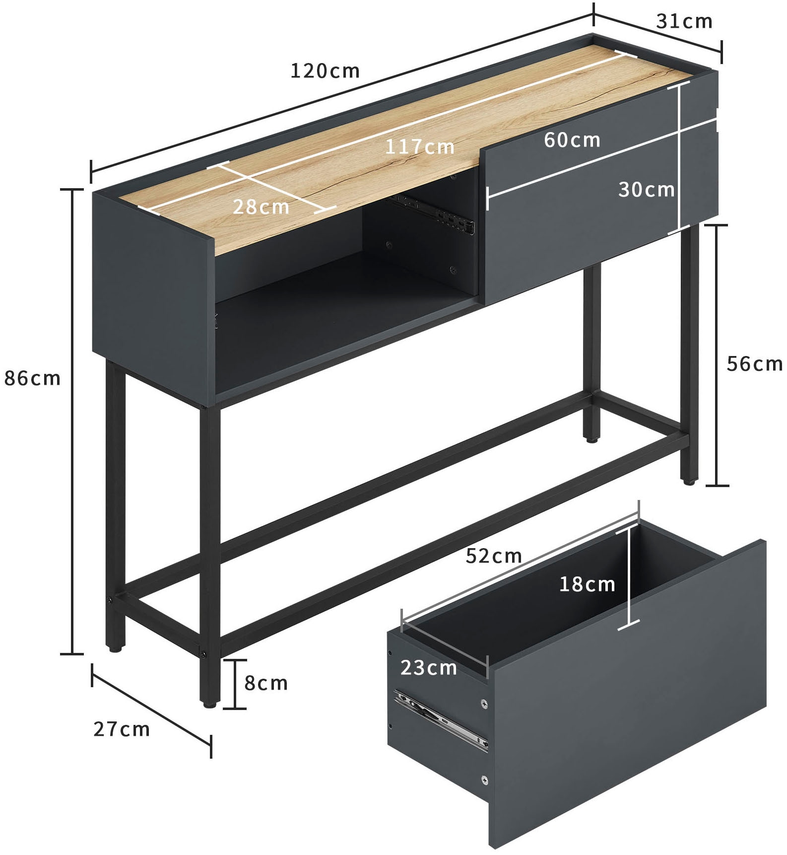 OTTO home Konsolentisch »Azly«, pflegeleichte Melaminoberfläche, Metallgestell, Breite 120 cm