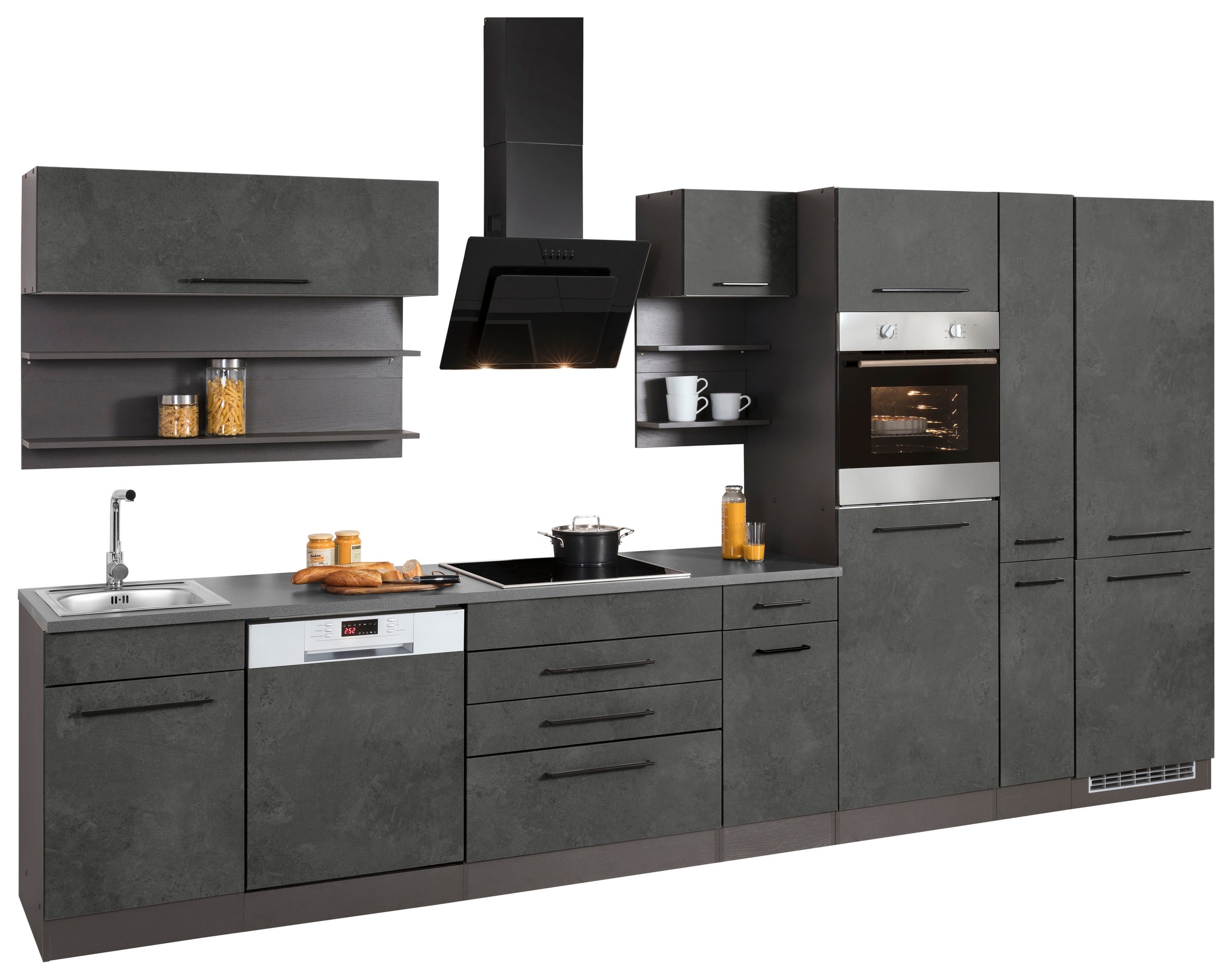 KOCHSTATION Küchenzeile »KS-Tulsa«, ohne E-Geräte, Breite 380 cm, schwarze Metallgriffe, MDF Fronten