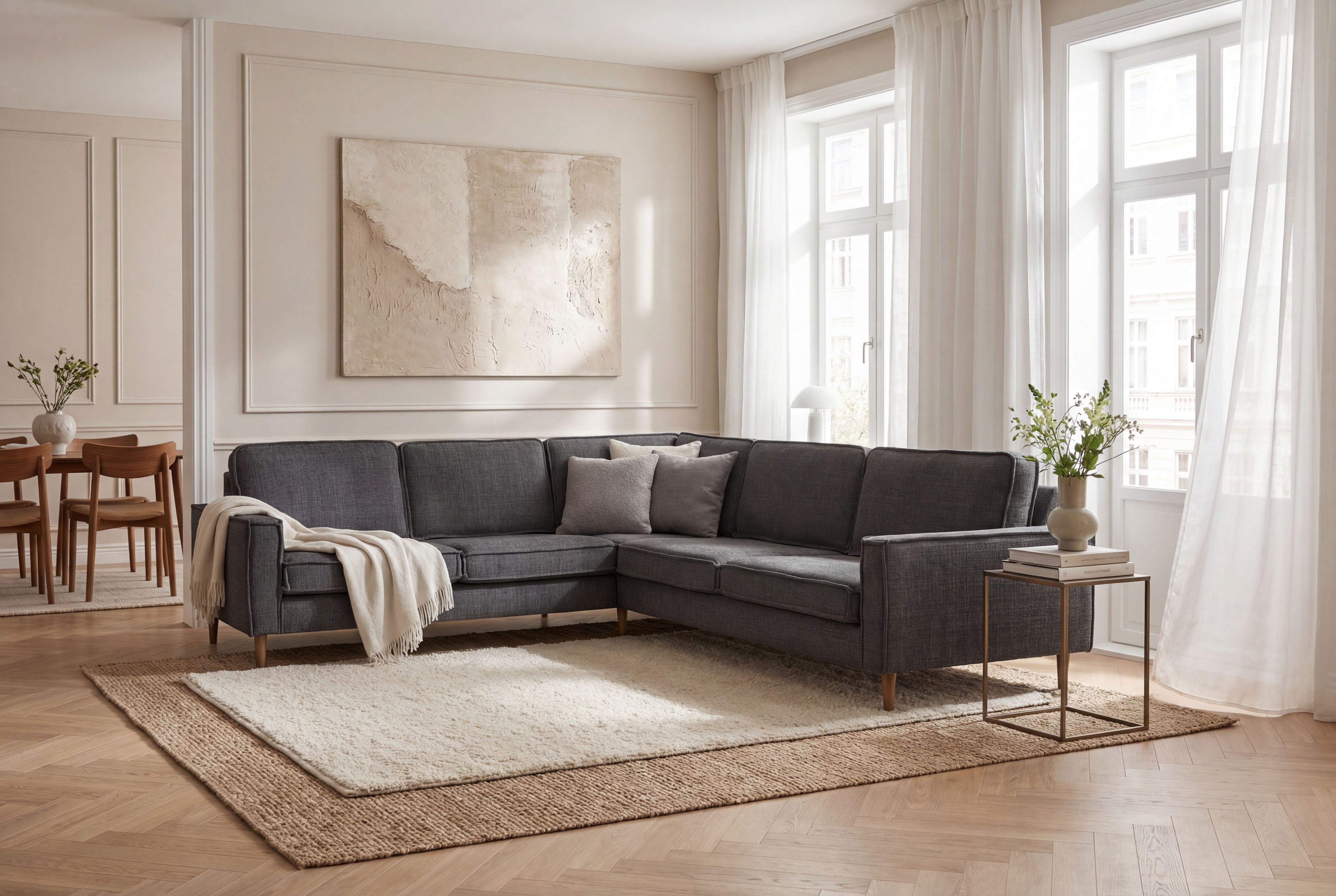 OTTO home Ecksofa "Pinto Skandi, 290 cm, Chenille, Struktur, Ottomane links / rechts" mit Keder, Massivholzfüße Eiche geräuchert, Wellenunterfederung