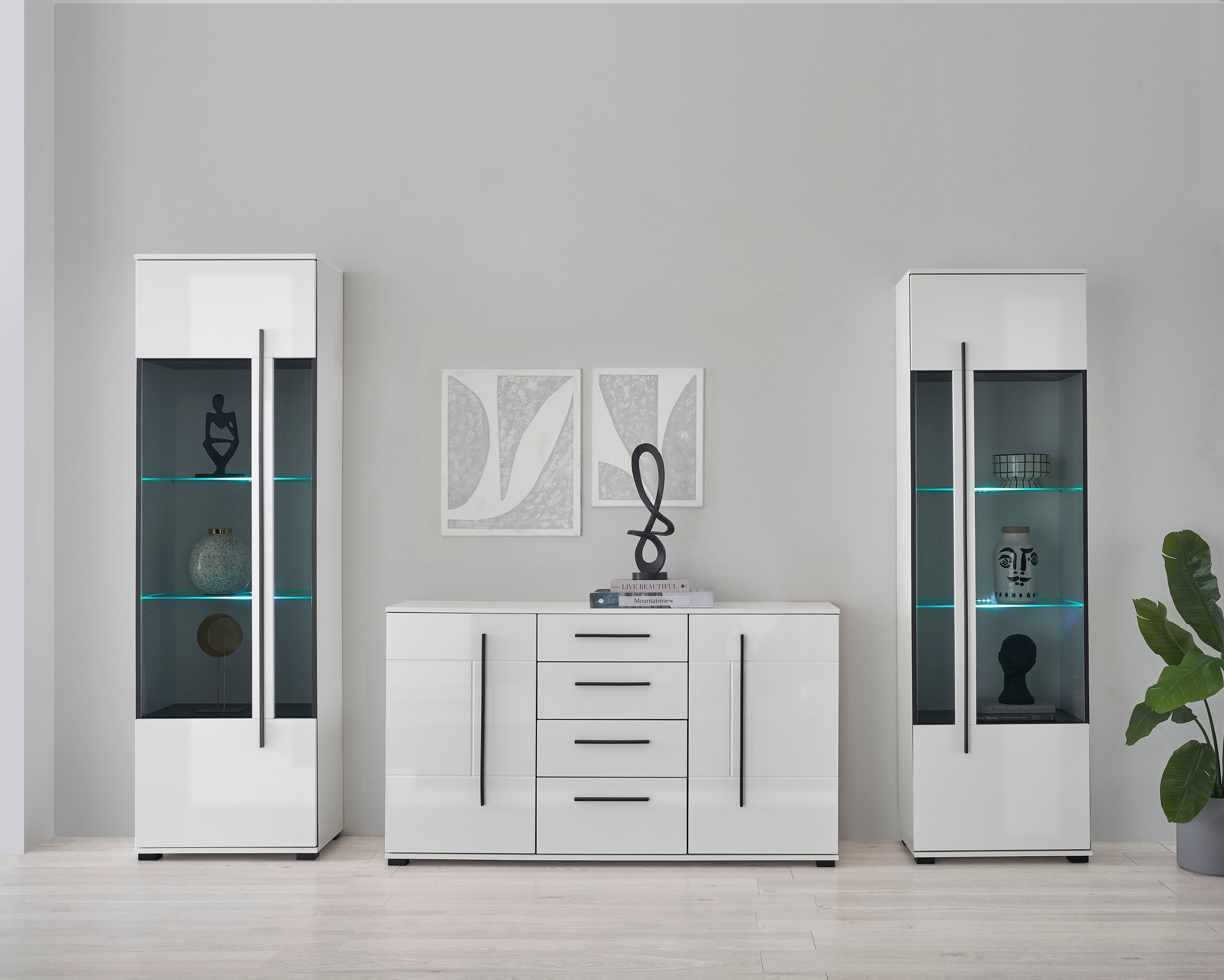 Home affaire Wohnwand "Cantara, Anbauwand, Wohnzimmer-Set, in Eiche Evoke, Weiß oder Kaschmir" Set