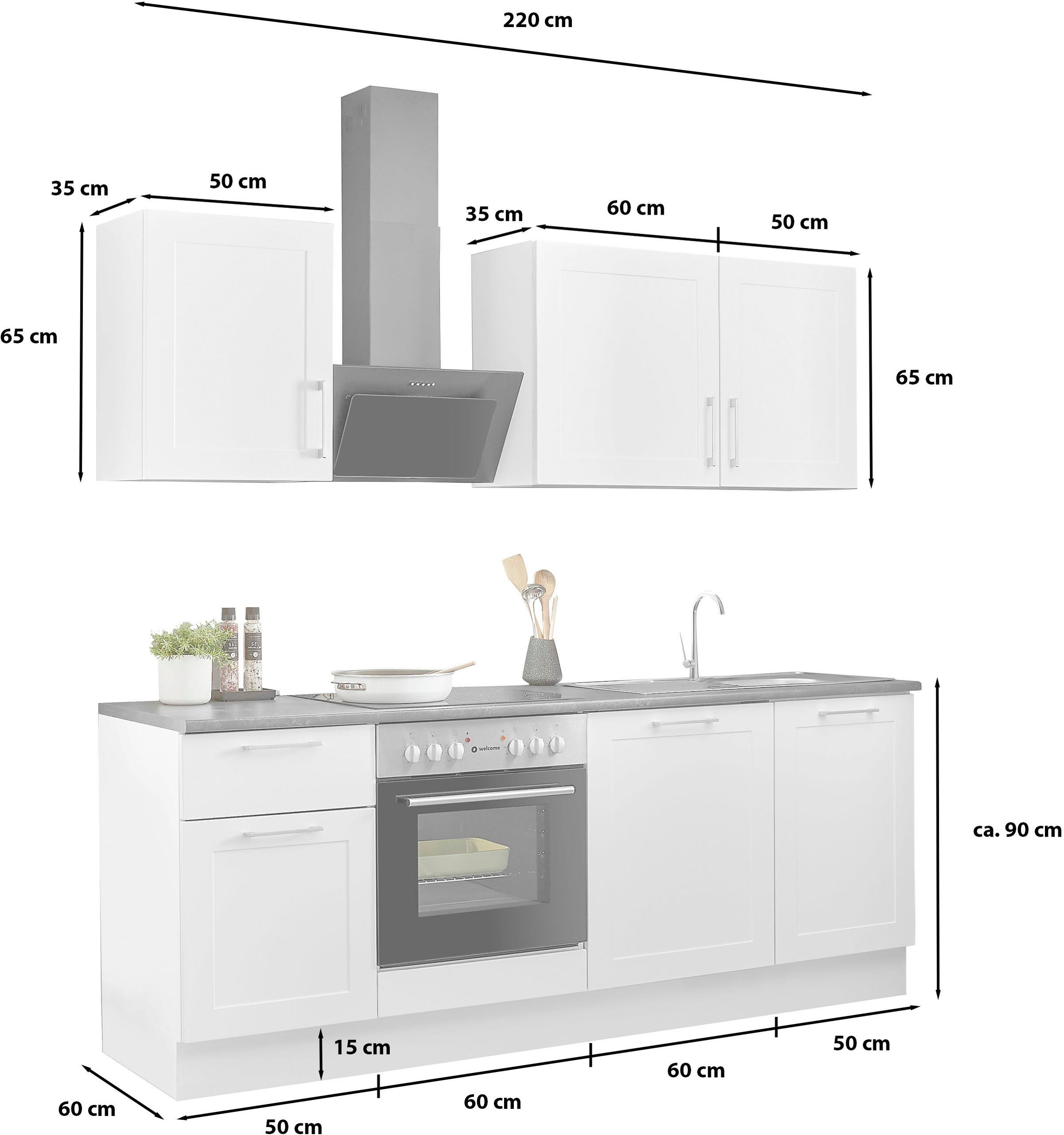 BASIC by Balculina Küchenzeile »Marsi«, Breite 220 cm, wahlweise mit E-Geräten, mit Soft-Close-Funktion