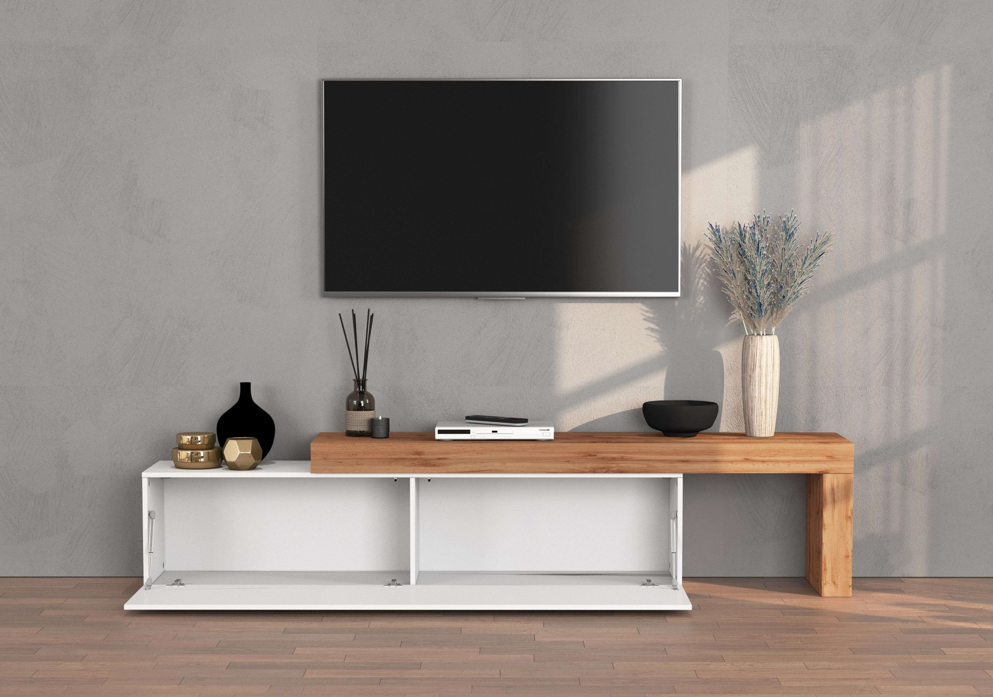 INOSIGN Lowboard »Chronos TV-Board, TV-Schrank«, (1 St., Breite verstellbar von 190 bis 350 cm), Breite 270 cm TV-Board,Lowboard,1 Klappe und ein L-Förmiger Aufsatz