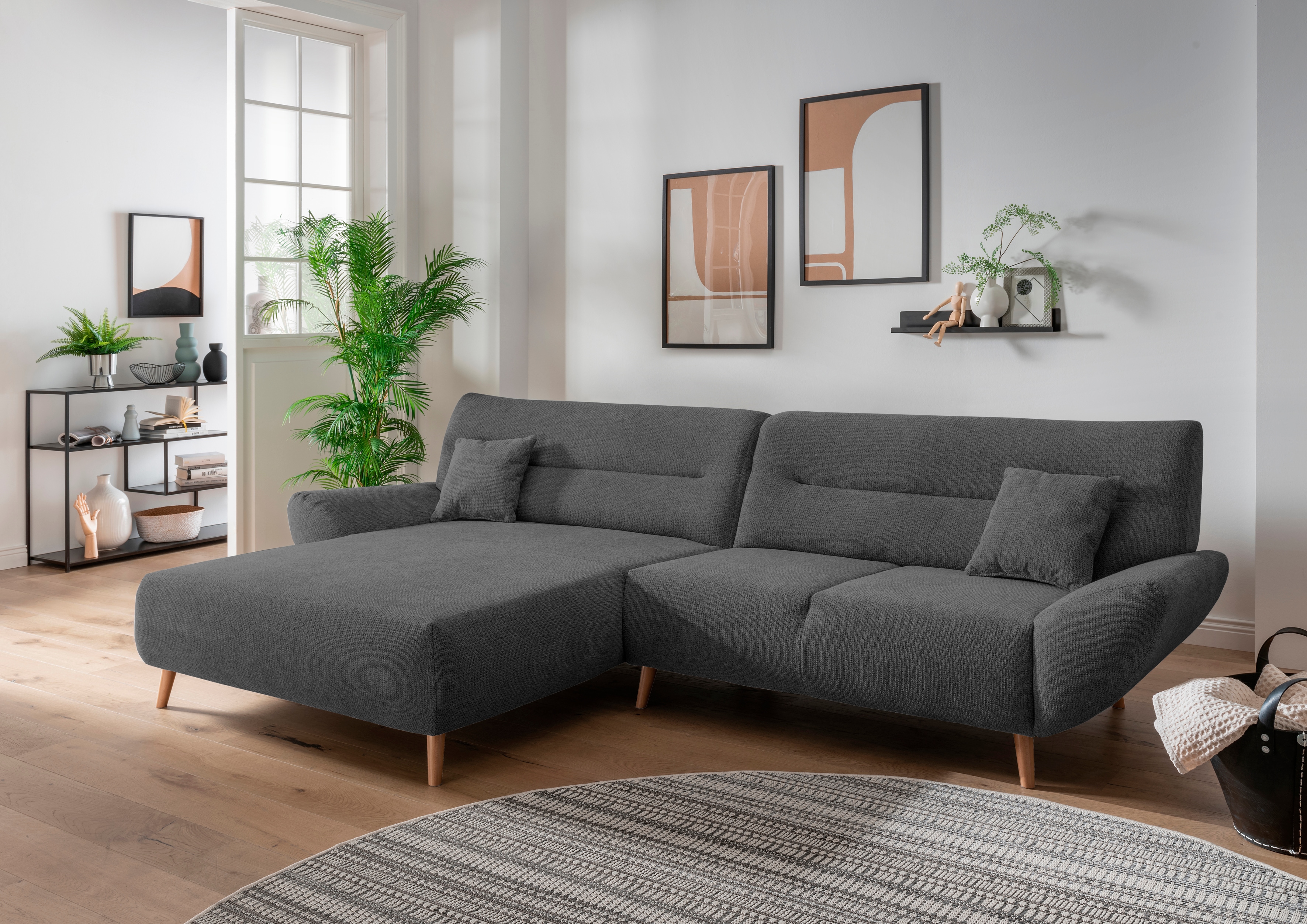 Home affaire Ecksofa "Drago, elegant und zeitlos, komfortabel, Holzfuß, L-Form, Breite 290cm" frei im Raum stellbar, inkl. 2 Zierkissen