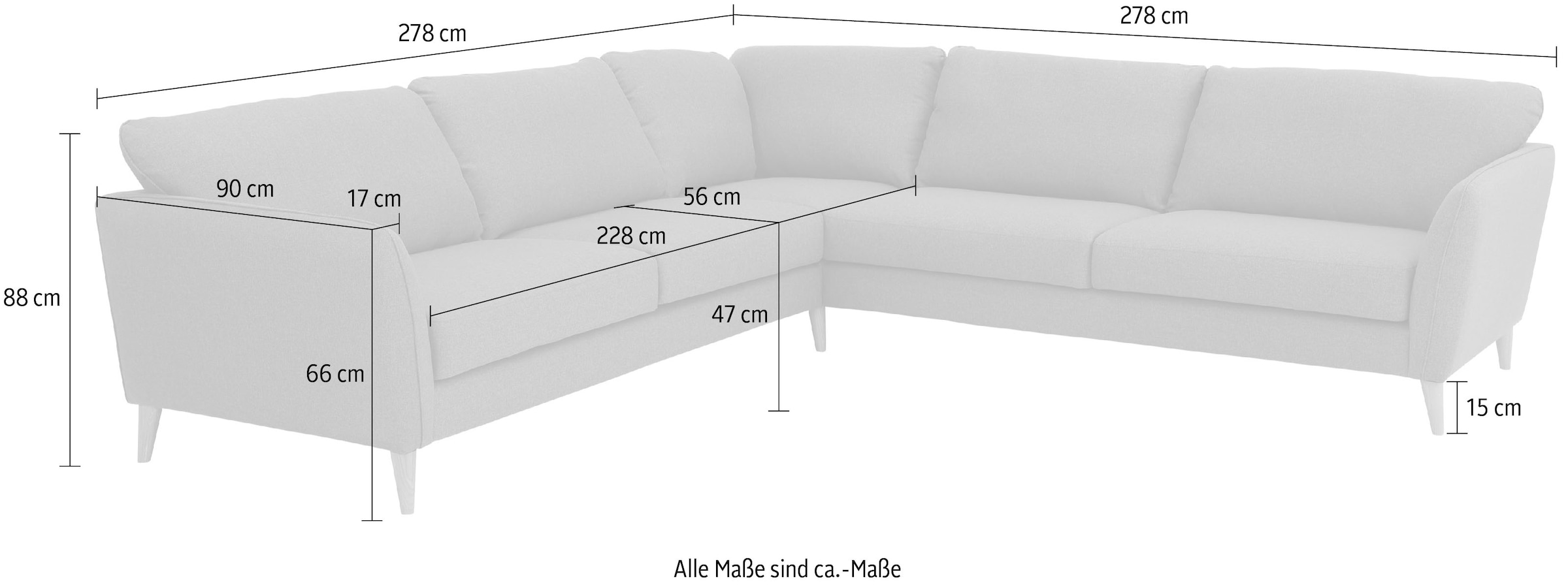 Home affaire Ecksofa »MARSEILLE 278/278 cm, L-Form,«, gleichschenklig, aus Eiche-Massivholz Beinen, verschiedene Bezüge