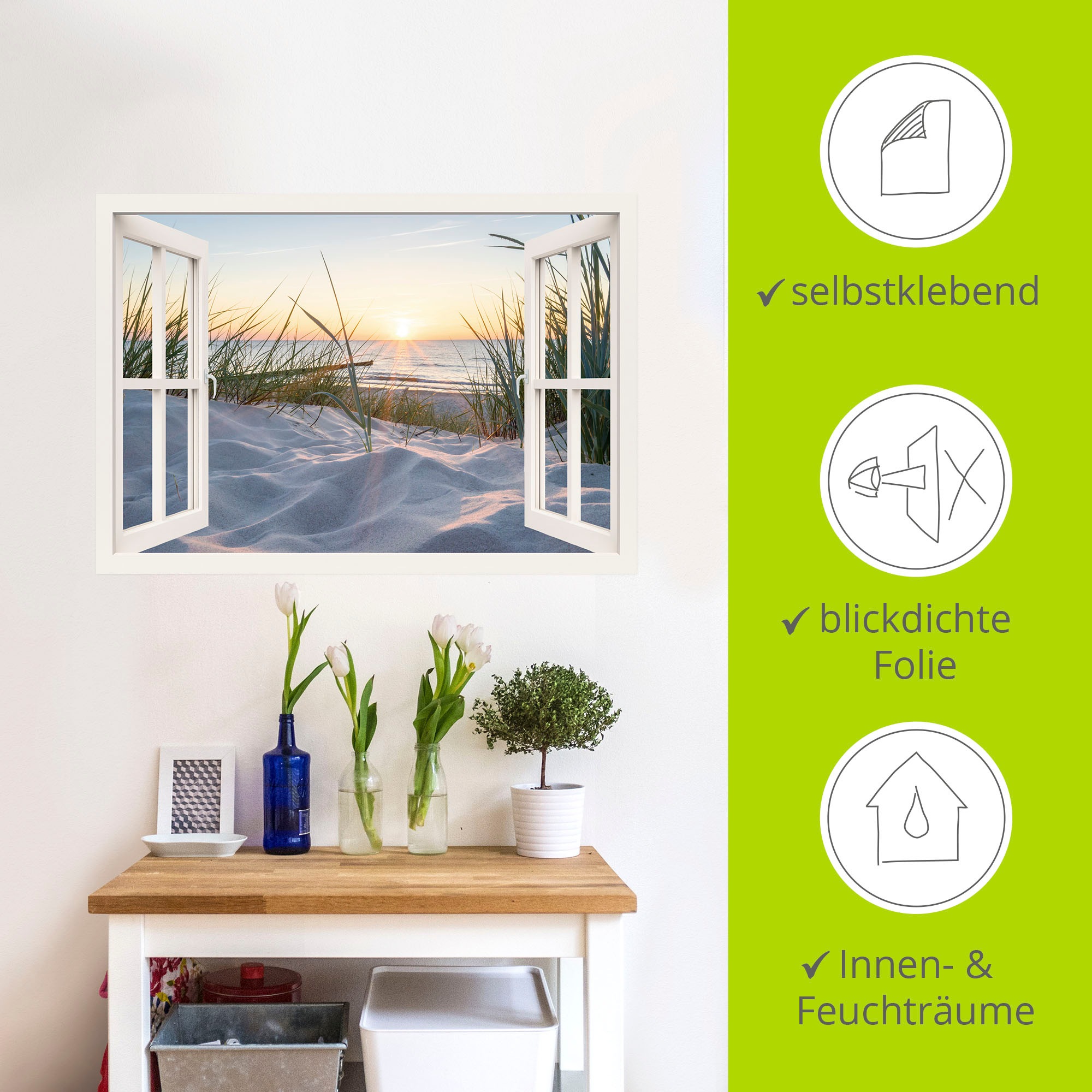 Artland Wandbild »Ostseestrand durchs Fenster«, Meer Bilder, (1 St.), als Alubild, Outdoorbild, Leinwandbild, Poster, Wandaufkleber