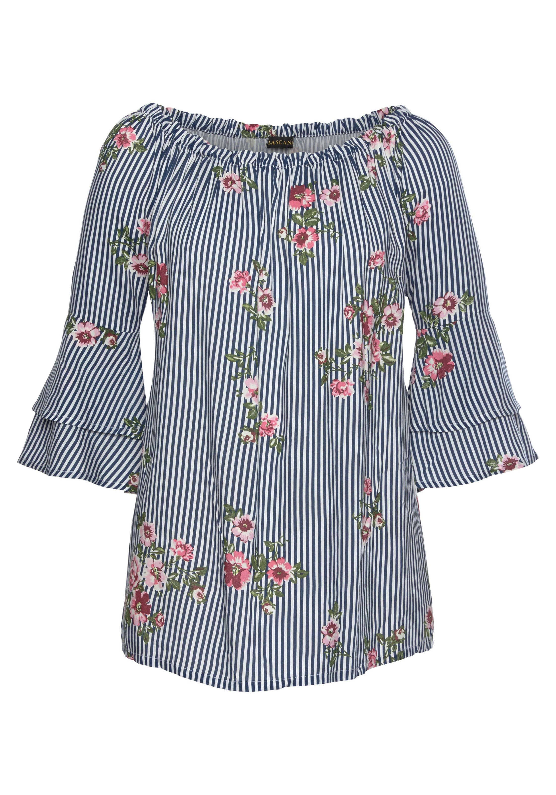 Carmenbluse LASCANA, Damen, Gr. 38, blau (marine, weiß, gestreift), Web, Obermaterial: 100% Viskose, bedruckt, figurumspielend hüftlang, Carmenausschnitt, Volant, Blusen, mit modischem Druck, Damenbluse, schulterfrei, casual, Topseller 3