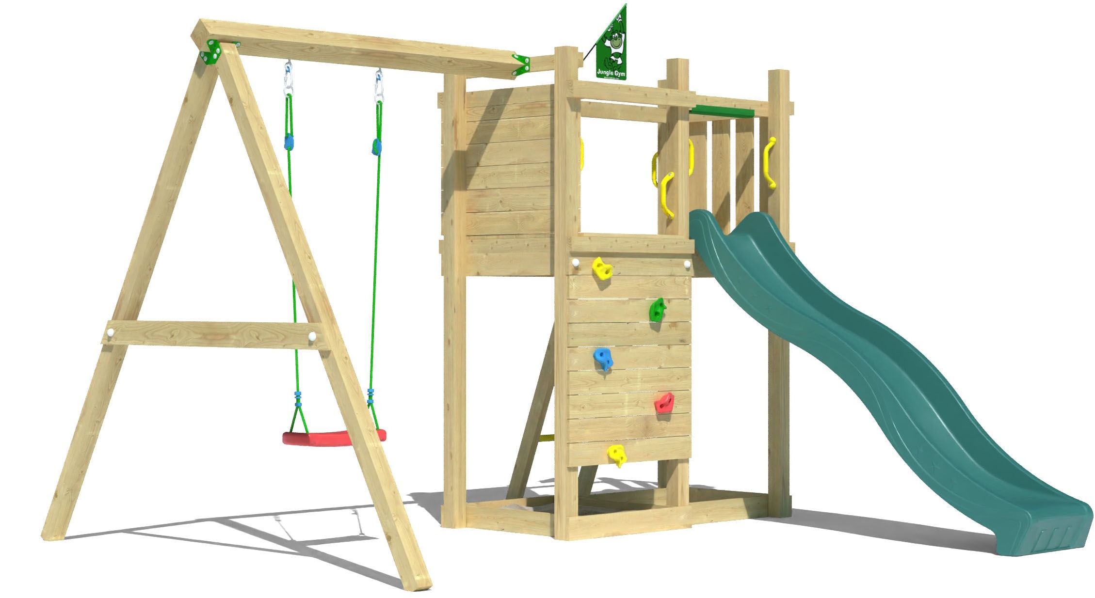 JUNGLE GYM Jungen Spielturm "Deck", grün, Holzwerkstoff, B:296cm H:232cm T:342cm, Spieltürme, Spielanlage mit Schaukel und Rutsche mit Wasseranschluss