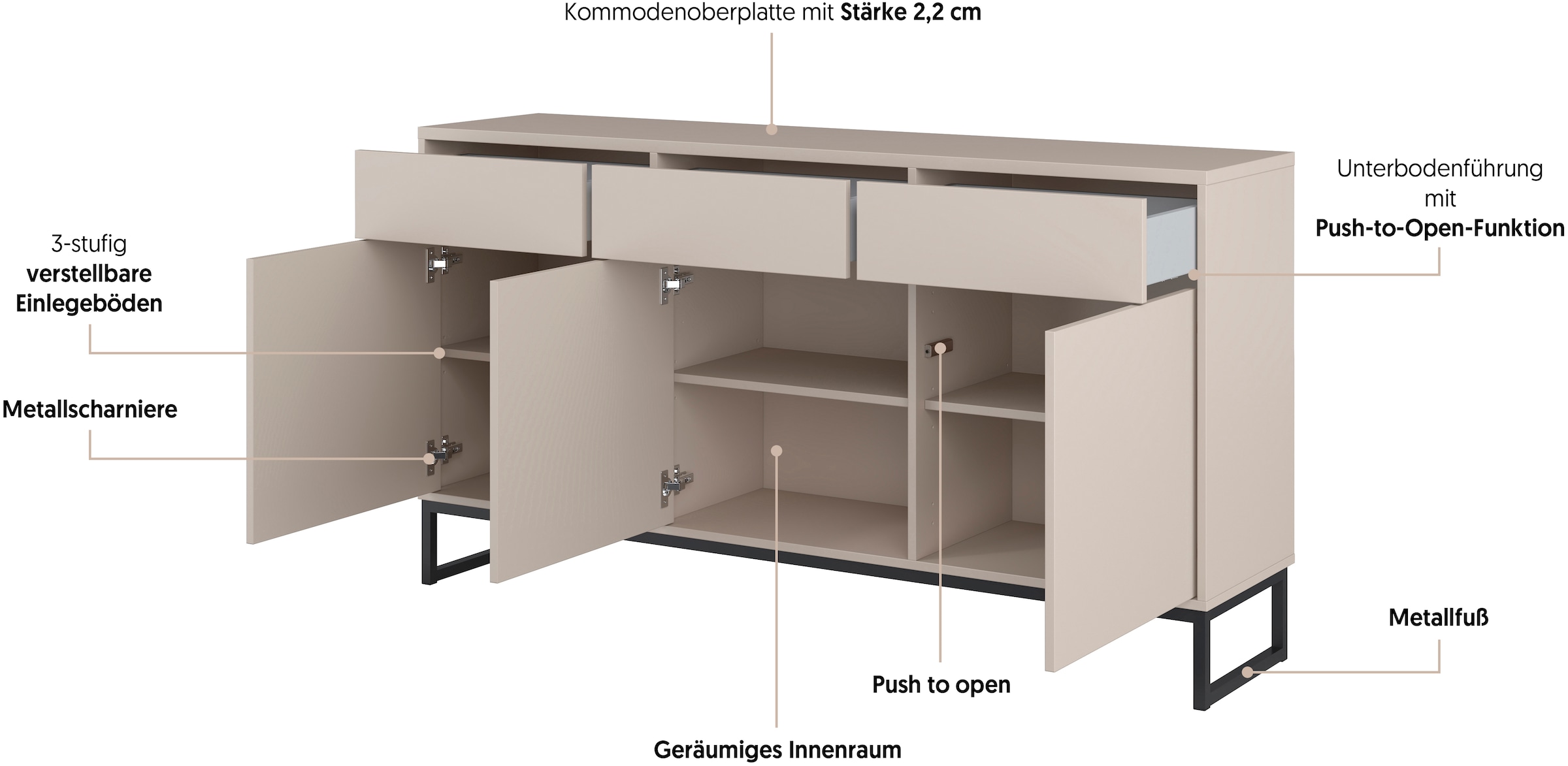 Home affaire Sideboard »Alto, Breite 157 cm, grifflose Kommode 3 Türen/3 Schubkästen.« Schubladenschrank mit viel Stauraum, Einlegeböden verstellbar