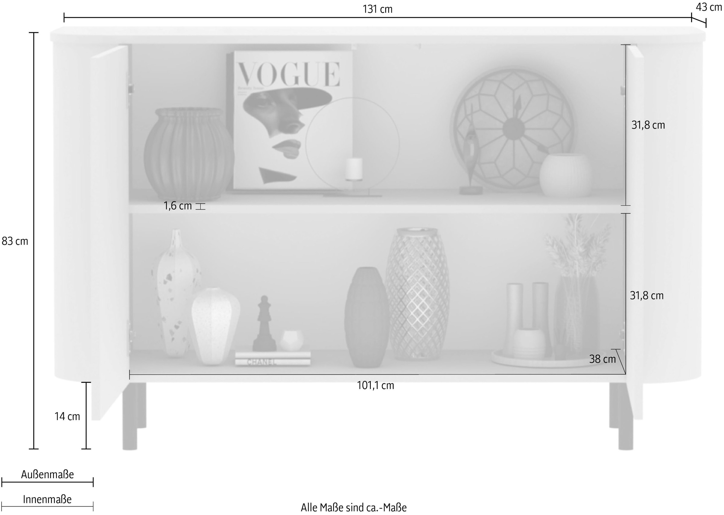 OTTO home Sideboard »Lido, 131 cm breit, 2 Türen, Anrichte, Kommode, Stauraumschrank« Formgebogenes MDF, Stirnseiten mit Rundung, Push-to-open, Metallfüße