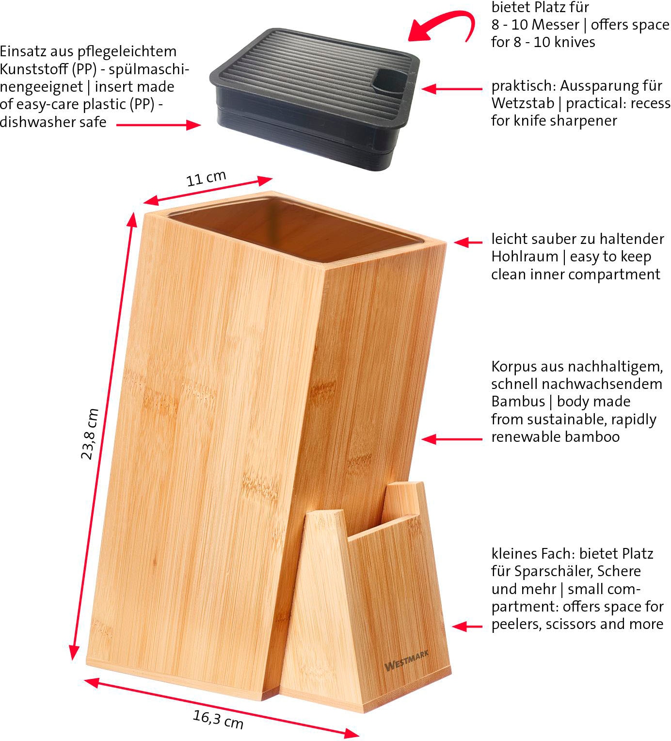 WESTMARK Magnet-Messerblock, Bambus, mit herausnehmbaren Einsatz