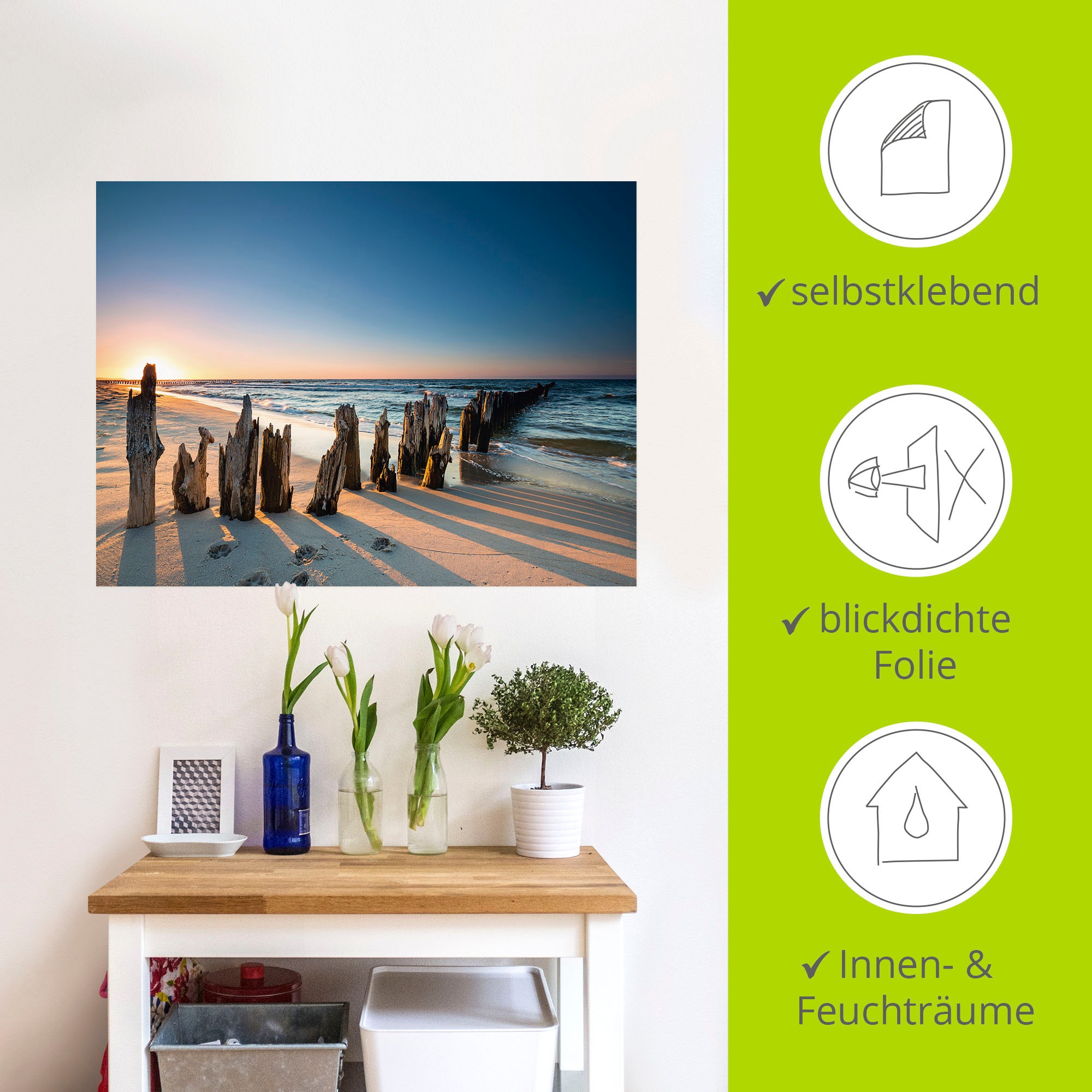 Artland Wandbild »Sonnenuntergang Strand Wellenbrecher«, Meer Bilder, (1 St.), als Alubild, Outdoorbild, Leinwandbild, Poster, Wandaufkleber