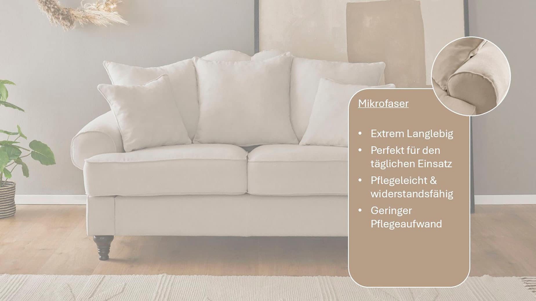 OTTO home 2-Sitzer »Westminster, Sofa im Landhausstil, Couch mit Zierkissen« Federkern-Polsterung, gedrechselter Fuß, hochwertiger Microfaserbezug