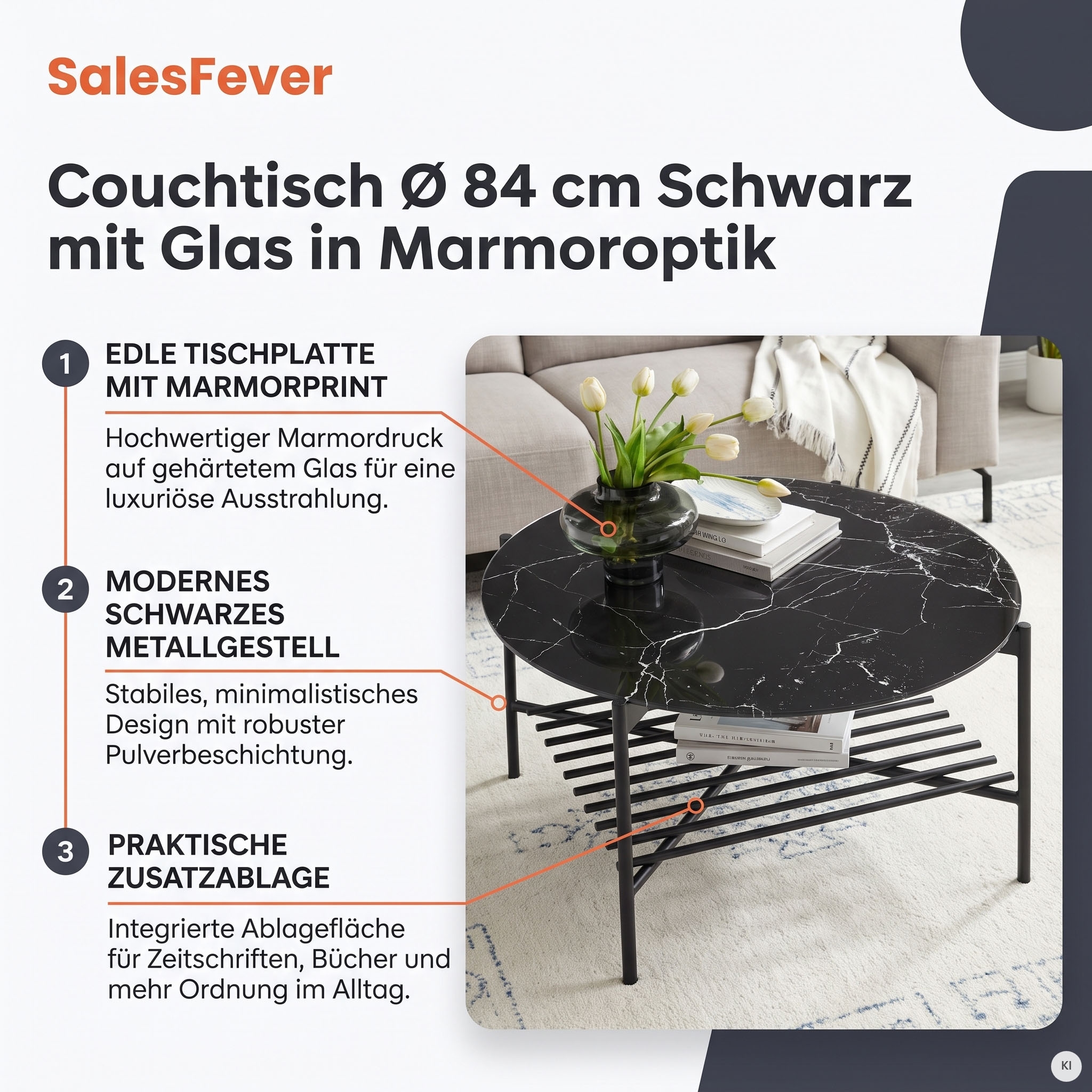 SalesFever Couchtisch »Coffeetable Wohnzimmertisch im minimalistischen Stil« 1 Stk. tlg. Glasplatte in Marmoroptik