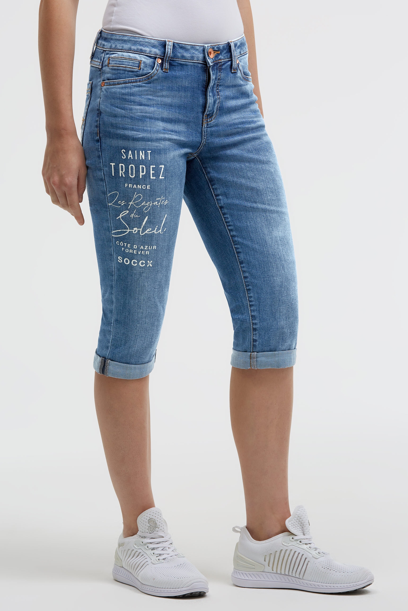 Regular-fit-Jeans SOCCX, Damen, Gr. 32, Kurz, blau, Denim/Jeans, Material: 63% Baumwolle, 25% Polyester, 10% Viskose, 2% Elasthan, Zusatz: Enthält nichttextile Teile tierischen Ursprungs (Badge), bedruckt, regular fit, Jeans, mit Turn-Up Saum