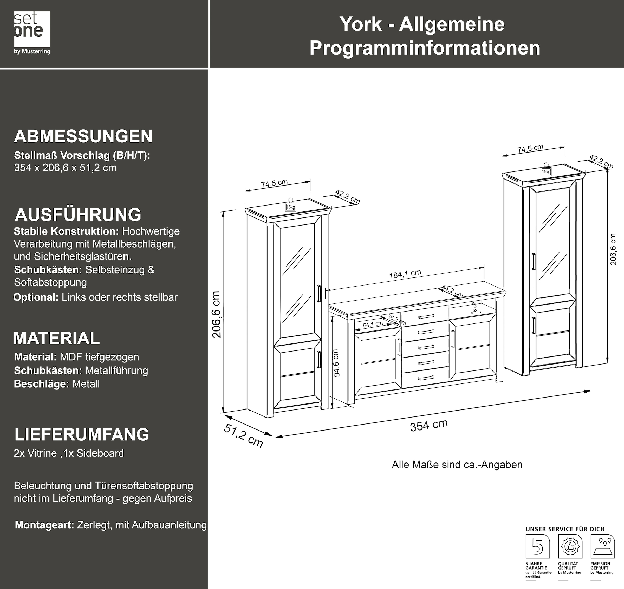 set one by Musterring Wohnwand »York«, (Set, 3 St.), Kombination 05, in 3 Farbvarianten, Gesamtbreite 354 cm