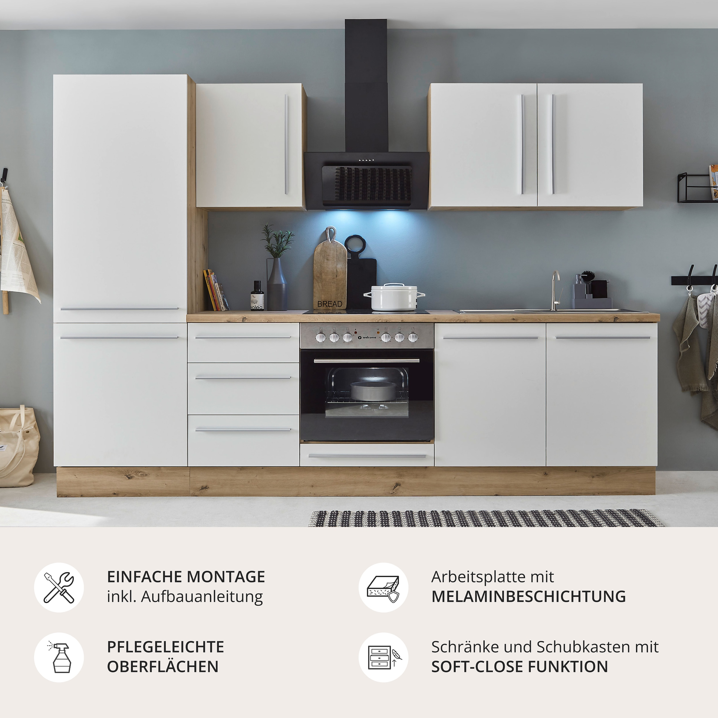 KOCHSTATION Küchenzeile »KS-Florida mit 38mm starker Arbeitsplatte« Breite 270 cm, wahlweise mit E-Geräten, Soft-Close-Funktion