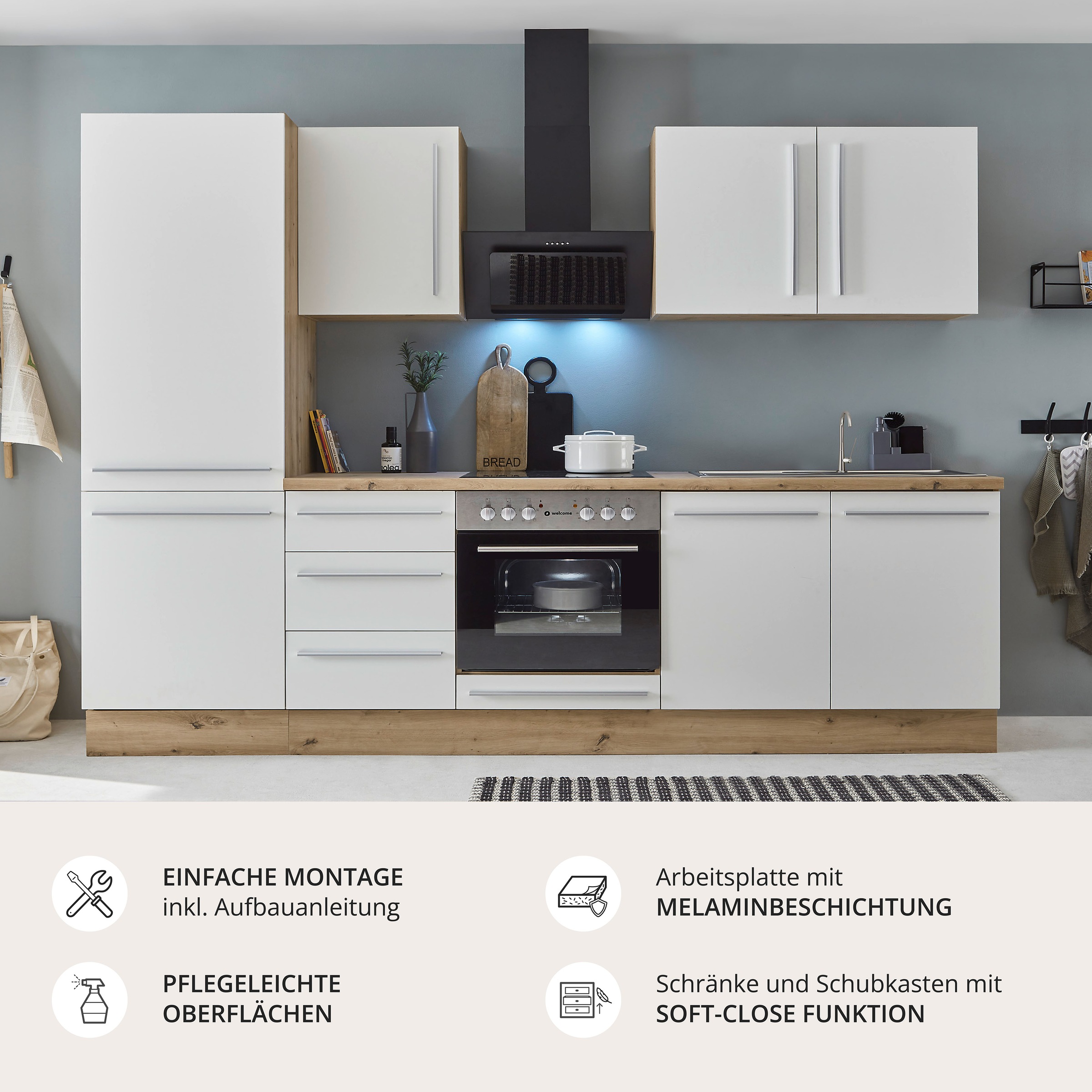 Thumbnail - KOCHSTATION Küchenzeile "KS-Florida mit 38mm starker Arbeitsplatte" Breite 270 cm, wahlweise mit E-Geräten, Soft-Close-F...